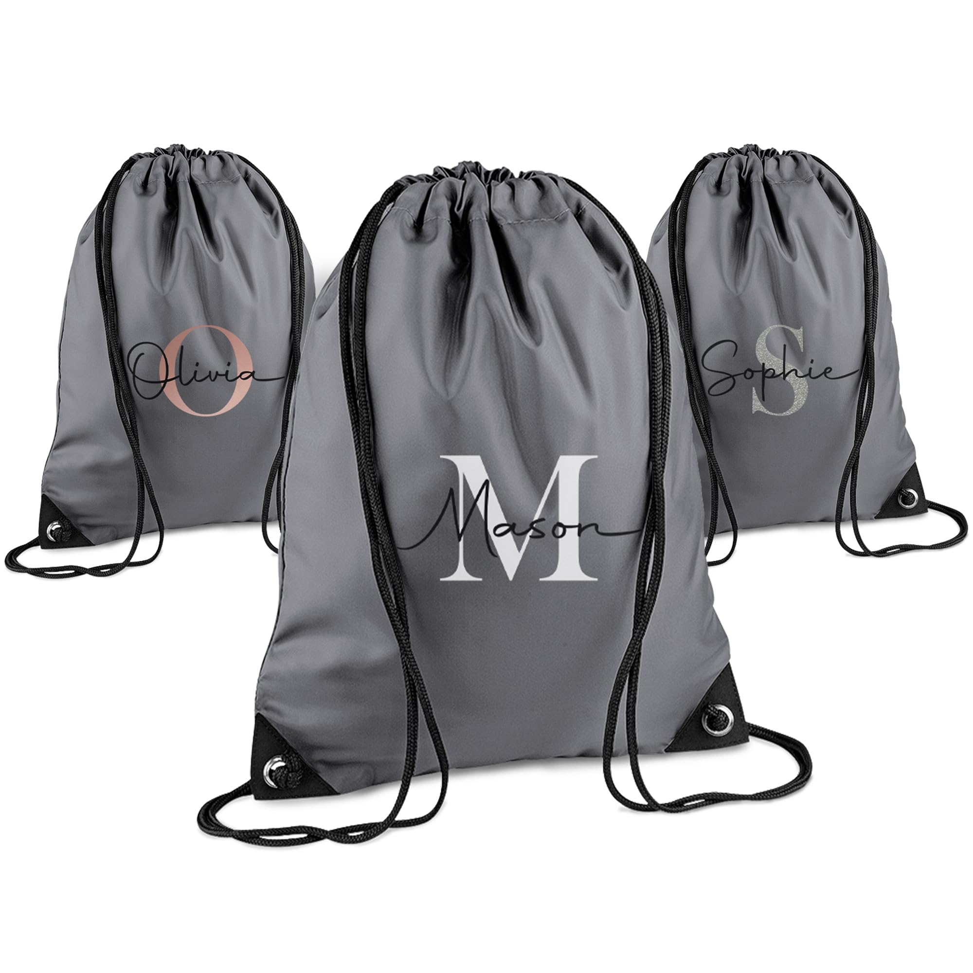 Print Maniacs Personalised Drawstring Bag for Kids Back to School PE Bag, Swim Bag with Name Ideal for Boys, Girls, Toddlers,and Primary School Students Perfect School Bag Graphite Grey