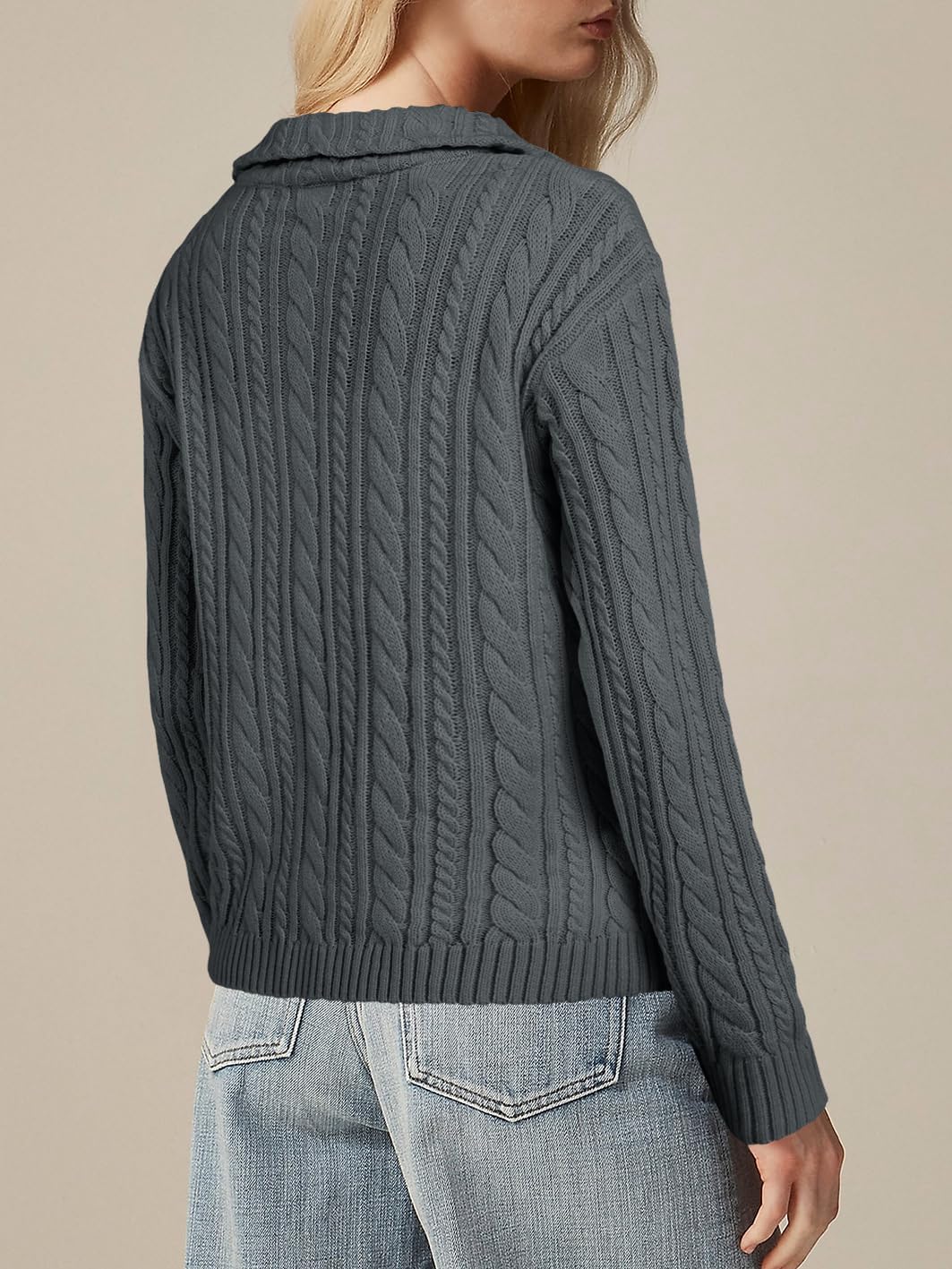 Saodimallsu Womens Cable Knit Cardigan Zip Up Collared Long Sleeve Vintage Sweater Loose Open Front Coats - Image 6