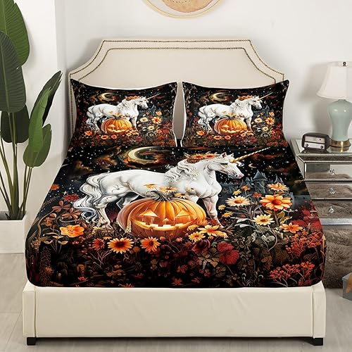 Miniatura 9 de Juego de sábanas bajeras con diseño de fantasmas de dibujos animados para Halloween, tamaño Queen, ultra suave y transpirable, 3 piezas