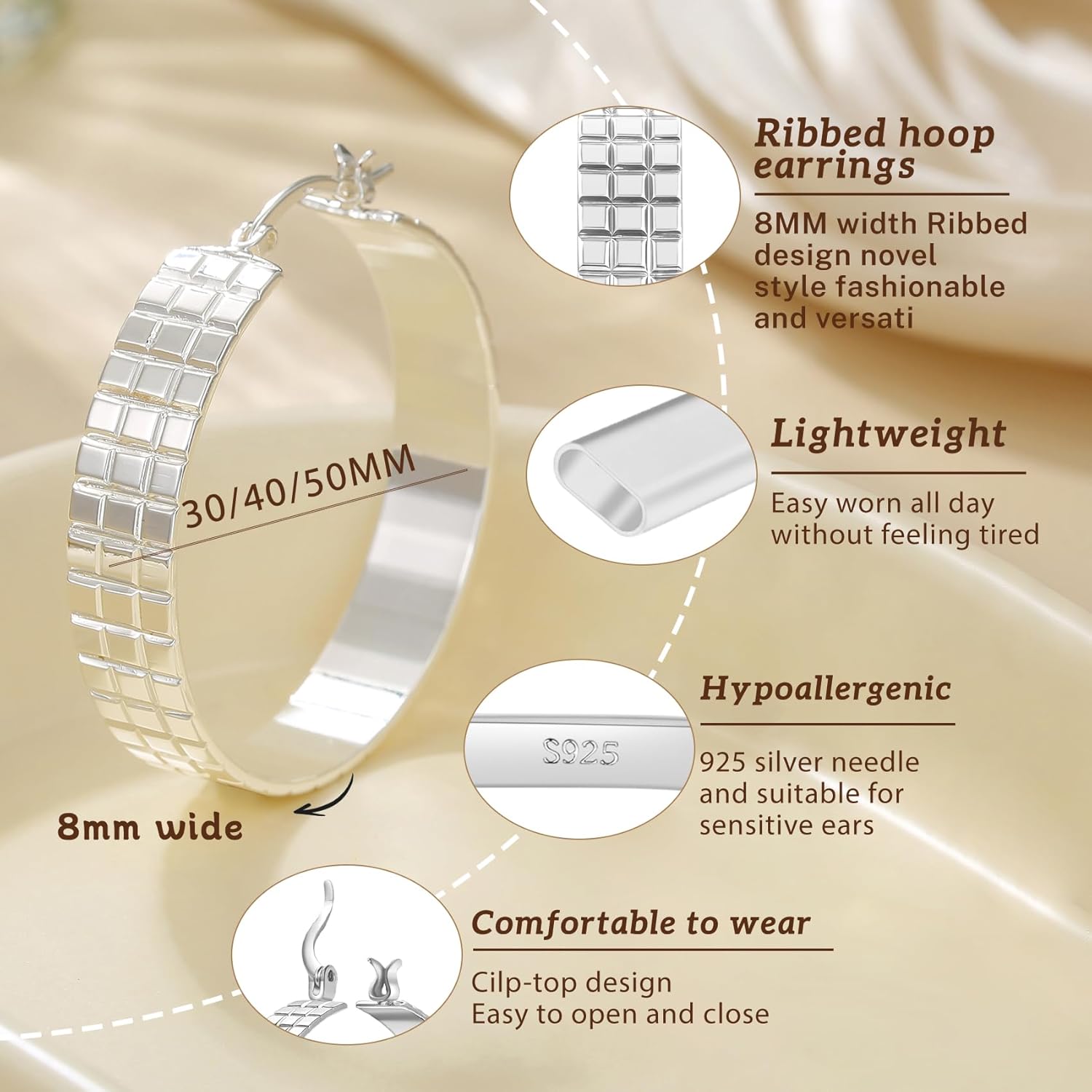 LOUMILEO 8mm Wide Chunky 14K Gold Plated Ribbed 925 Sterling Silver Post Hoops Earring Hypoallergenic Lightweight Large Silver Hoop Earrings for Women (30/40/50MM) - Image 3