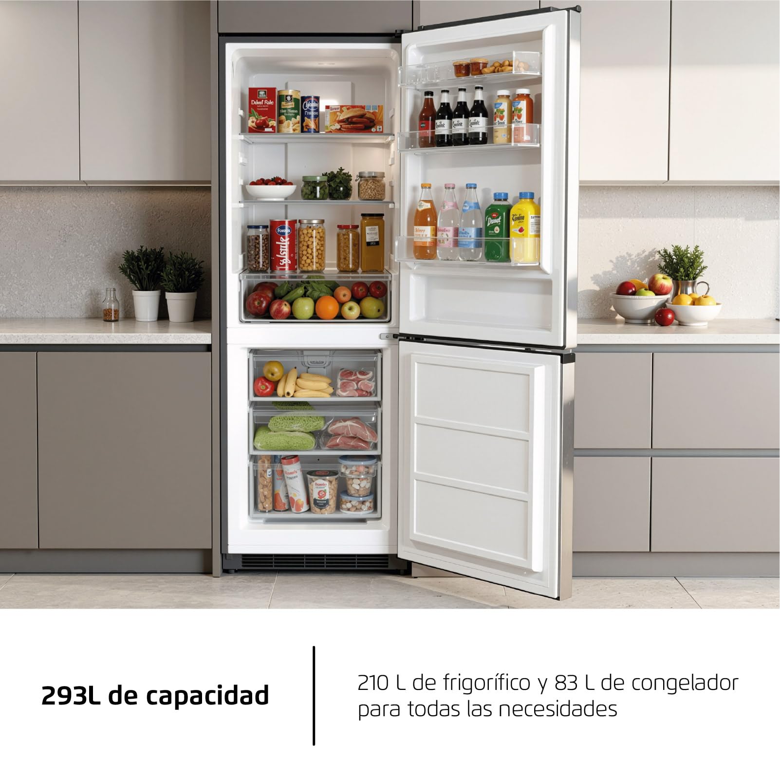 Corberó - Frigorífico Combi | CCH326DX | 293 L | 186 cm | No Frost | Motor Inverter | Display en Puerta y Función Súper Enfriamiento | Silencioso 39db | Inox