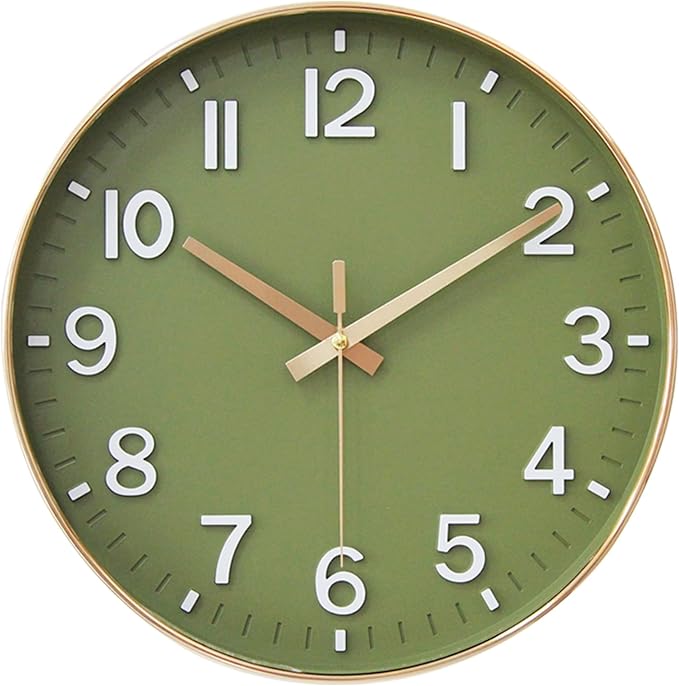 HZDHCLH Wall Clocks Battery Operated,Wall Clock Green Gold,8 inch Wall Clock Silent Non Ticking Modern 3D Numbers for Kitchen Bedroom Living Room Office Classroom Decor