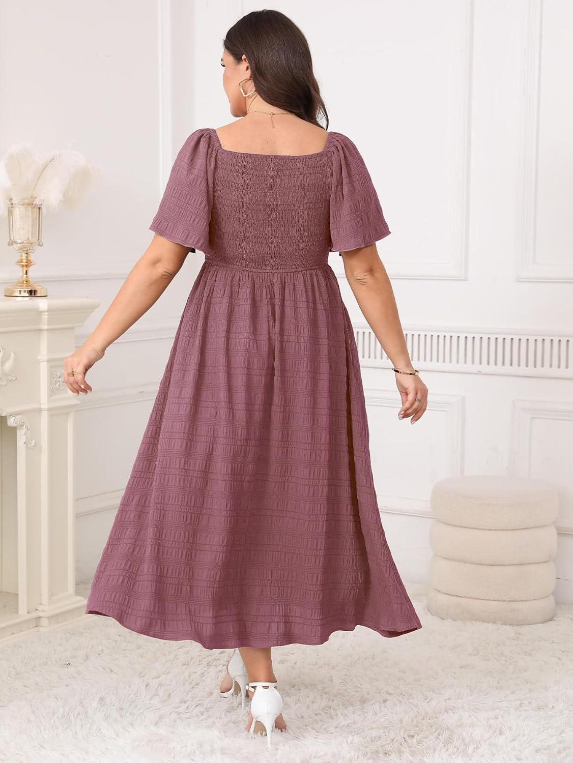 Plus Size Casual Maxi Boho Dress for Curvy Women Short Sleeve Square Neck Smocked Summer Beach Dresses Button Down - Image 3