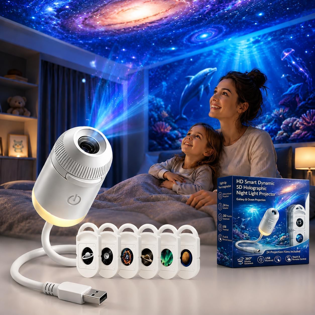 HD Smart Dynamic 5D Holographic Night Light Projector, 2-in-1 Galaxy Star and Ocean Projector with 24 Films, 360° Rotating USB Powered Ceiling Light for Bedroom Room Decor ，with 6 Films