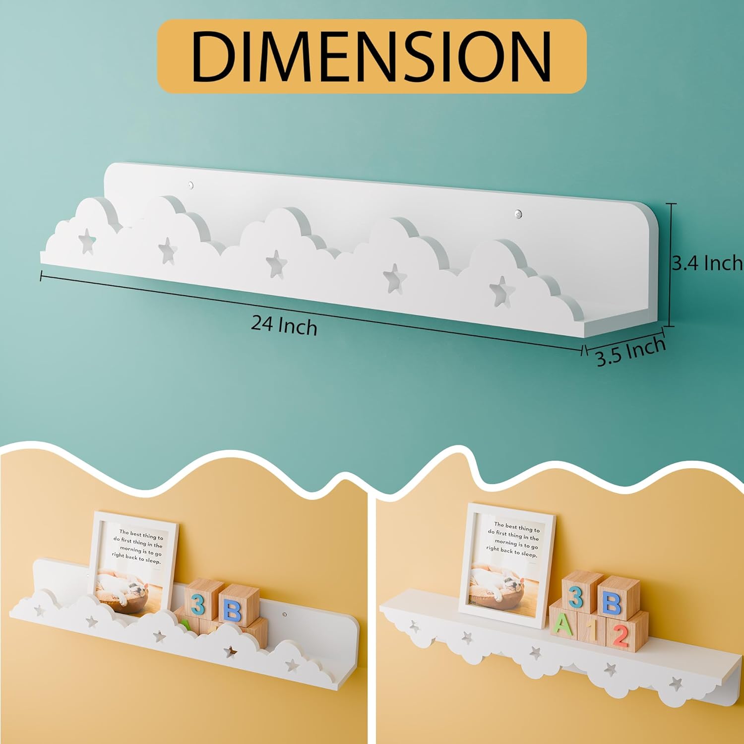 Nursery Shelves for Wall Set of 2 - White Cloud Floating Bookshelf for Kids, 24 Inch Scalloped Picture Ledge Shelf, Display Shelf for Baby Bedroom, Nursery Decor, Baby Playroom, Toy Storage