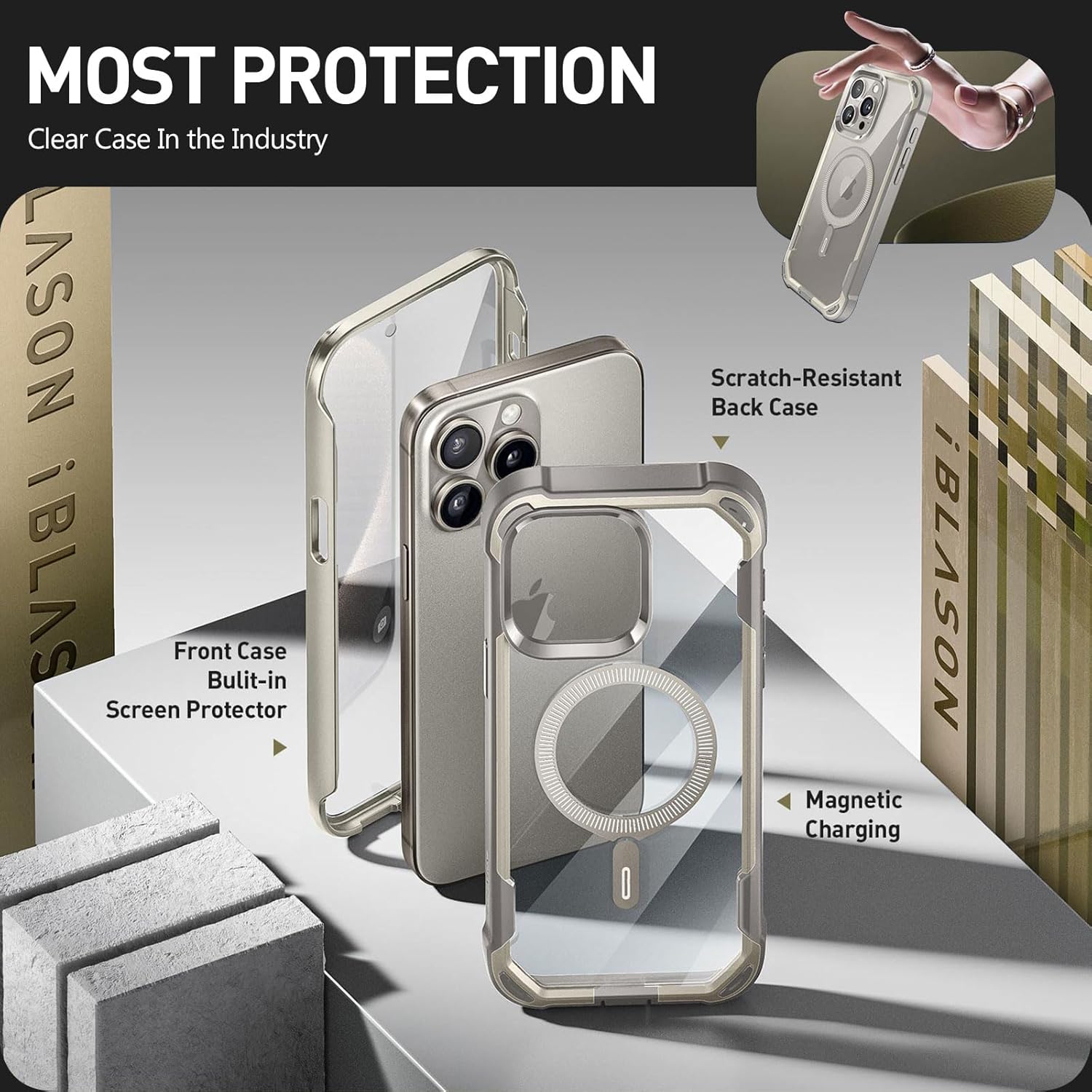 i-Blason for iPhone 15 Pro Case, [Compatible with MagSafe] [Built-in Screen Protector] [Full Body Drop Protection], Clear Back Magnetic Phone Case for iPhone 15 Pro, AreMag Series, Gray