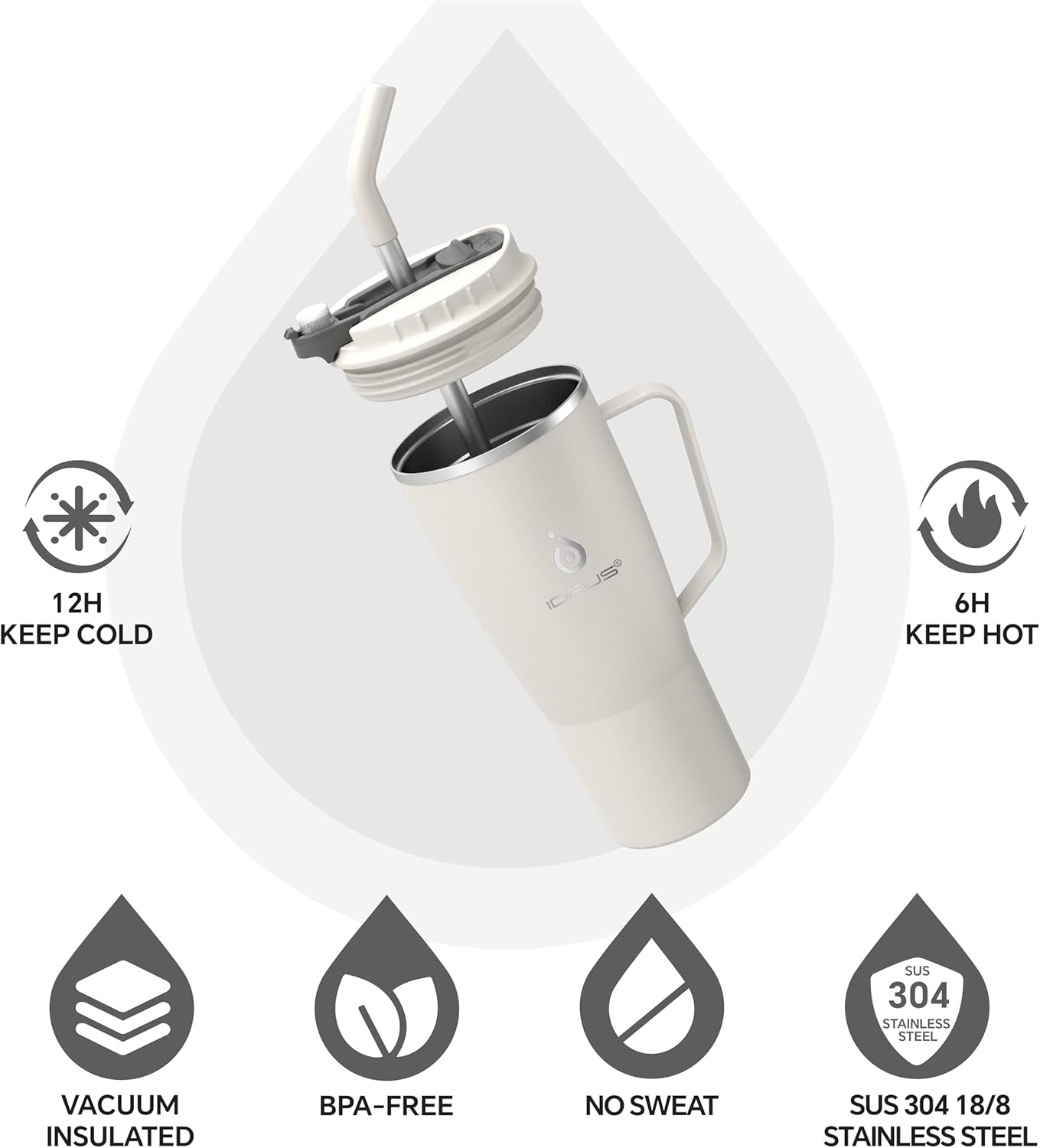 Ideus 32 oz Tumbler with Handle and Straw, Vacuum Insulated Stainless Steel Travel Mug, 100% Leakproof, Cup Holder Friendly, White - Image 2
