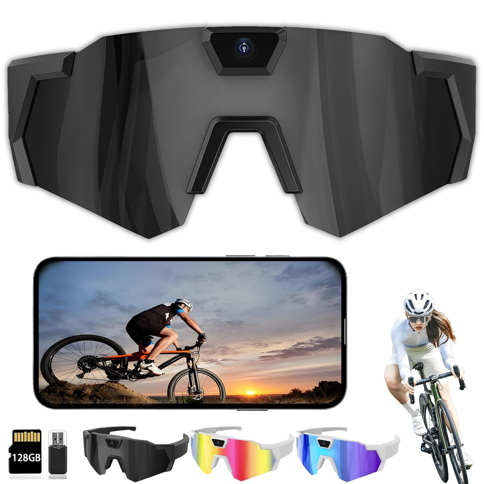 POV Sports Glasses with Camera 4K HD 120 Wide Angle Wearable Sports Glasses for Cycling Outdoors Activities Black