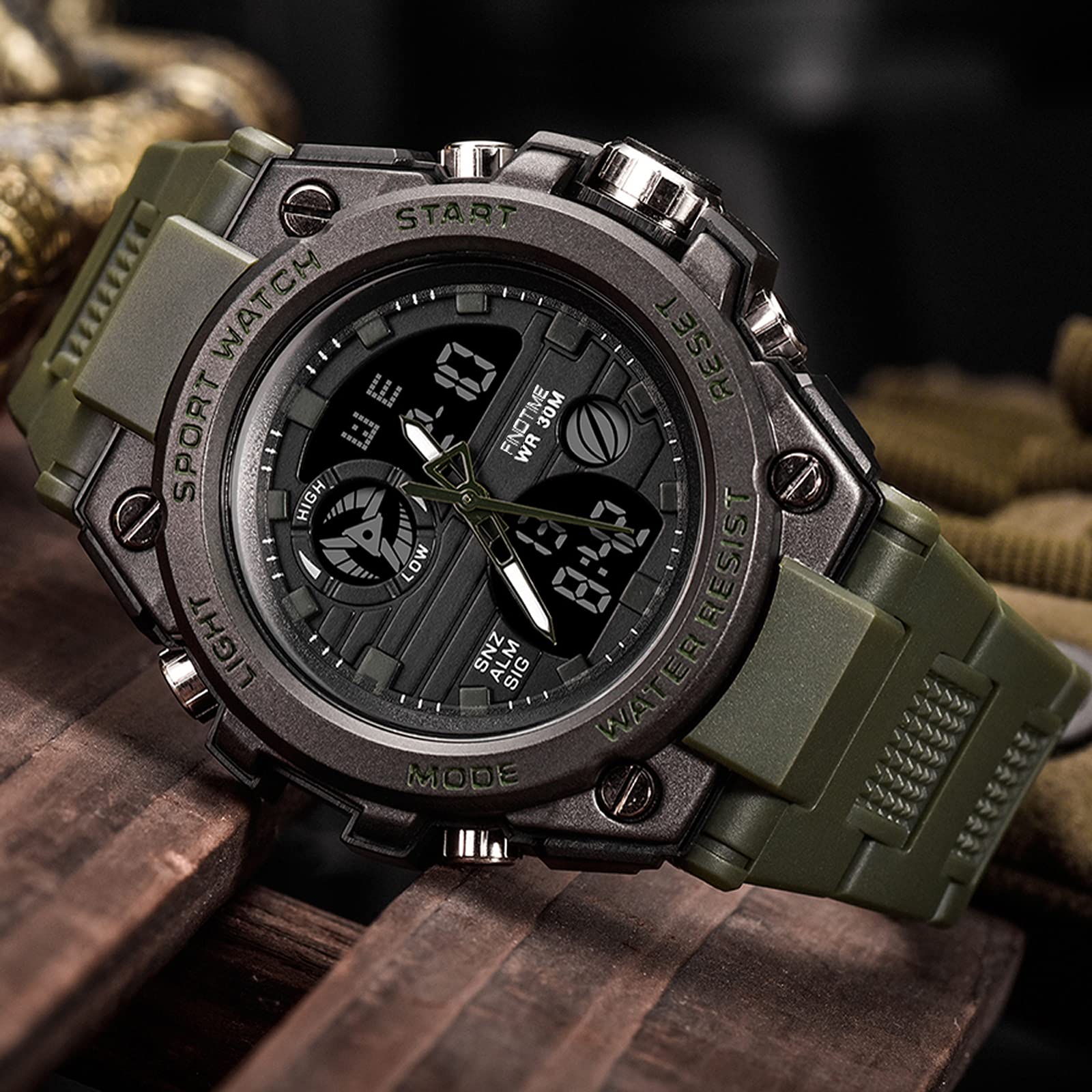 findtime Reloj deportivo para hombre, militar, para exteriores, reloj de pulsera grande, digital, analógico, dos zonas horarias, calendario LED, hombres y niños, verde, Correa