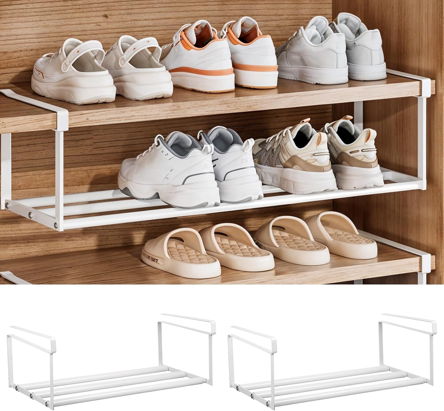 2 Pcs Expandable Shoe Storage Rack for Closet 16.54-29.53 Inch Hanging Retractable Adjustable Cabinet Shoe Organizer for Space Saving (White)