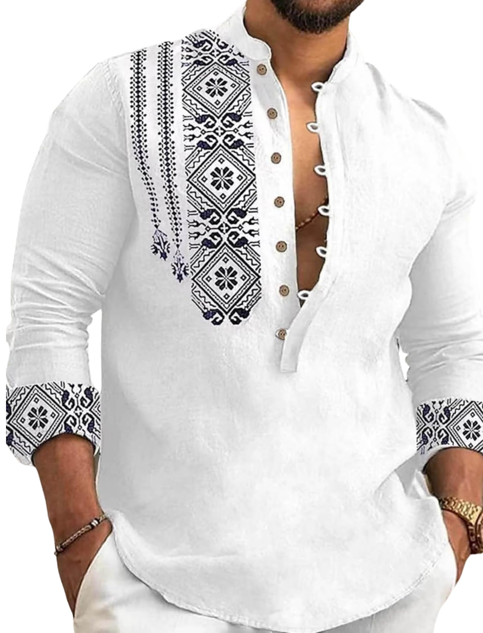Deemoon Men's White Cotton Blend Mandarin Collar Self One Design Full Sleeve Casual Short Kurta, Xxl