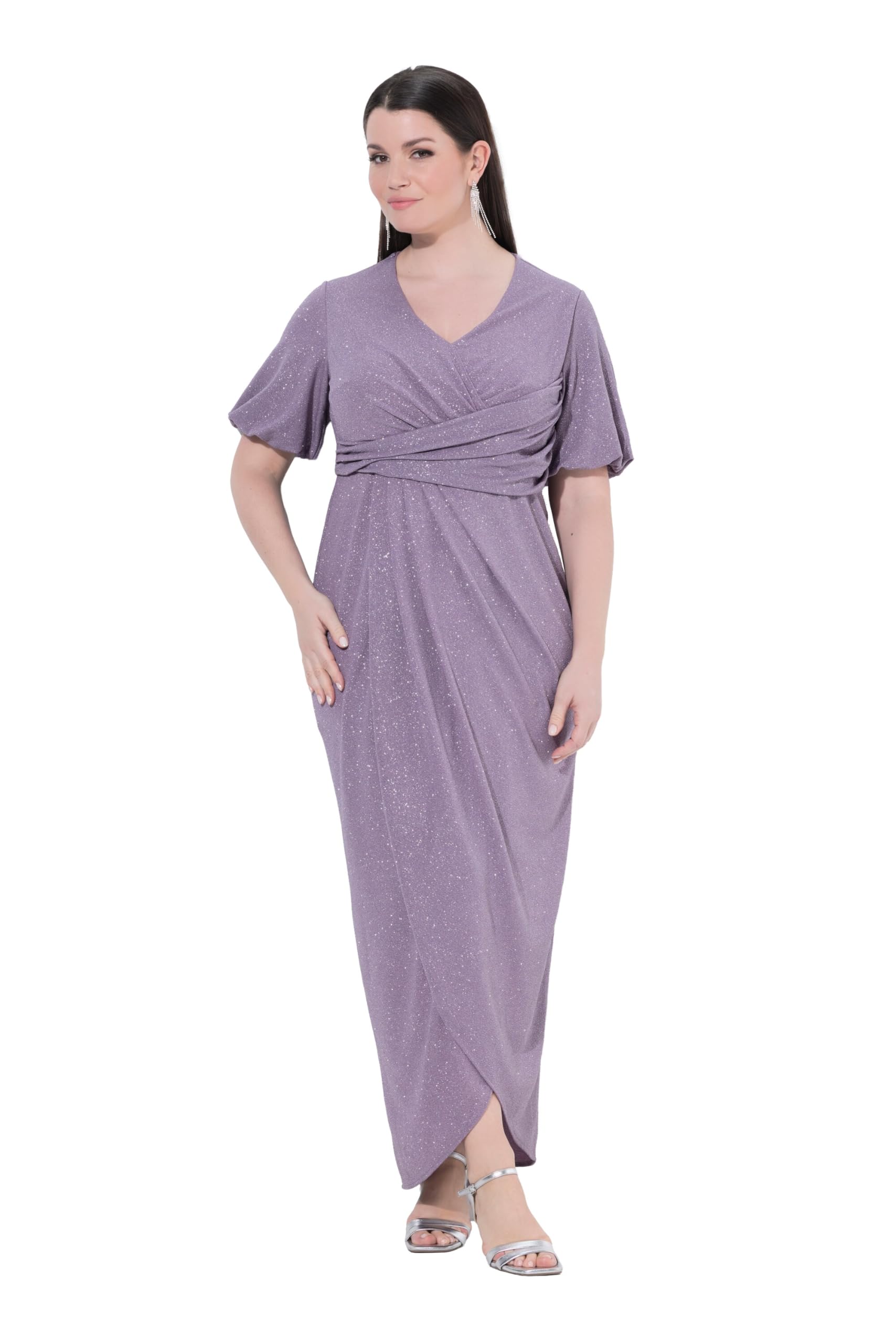 Ulla Popken Damen große Größen Übergrößen Plus Size Maxikleid, Wickeloptik, V-Ausschnitt, Ballon-Halbarm 847864