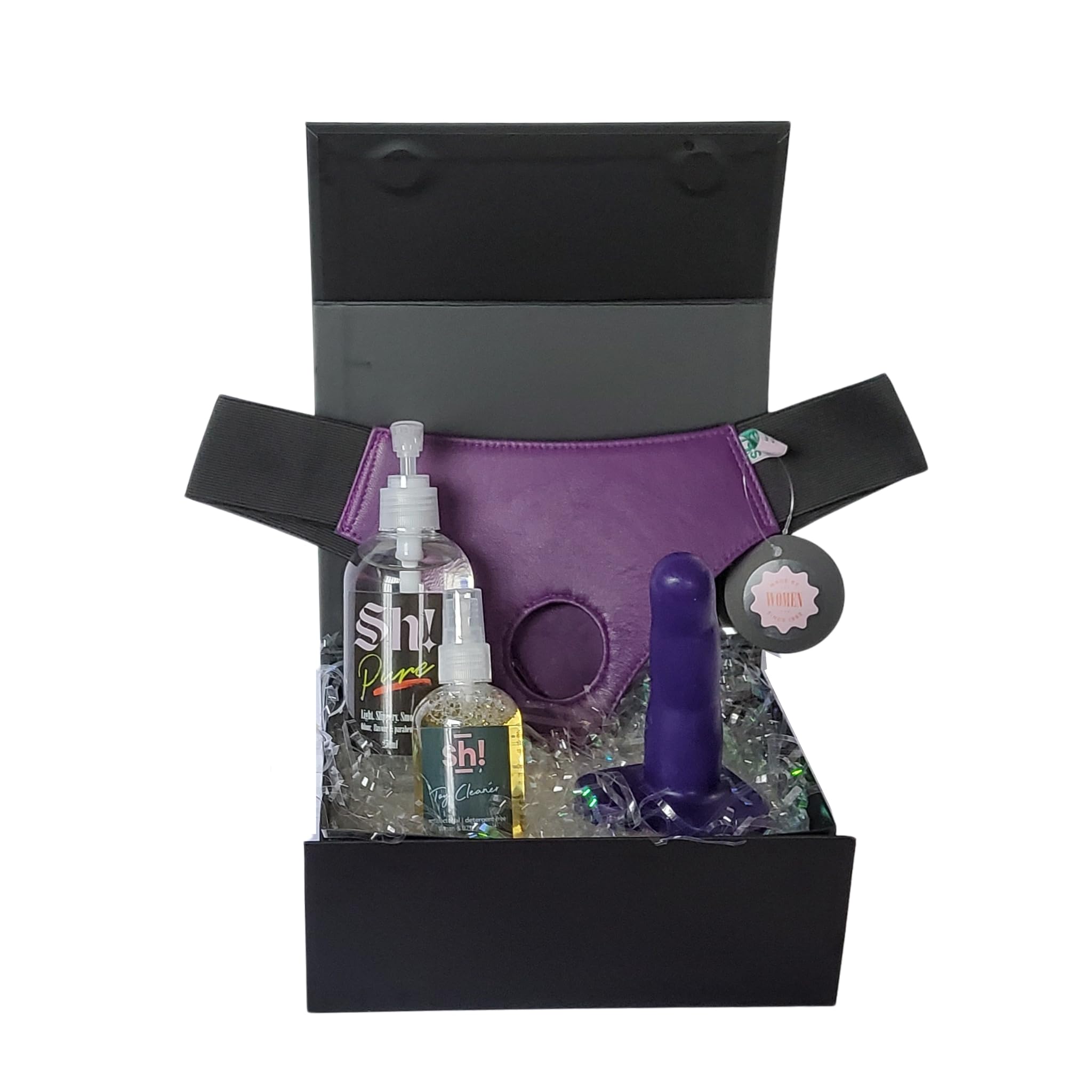 Sh! Primo kit dildo con cinghia: S (adatto a 10-12) giocattoli facili per principianti; piccolo dildo da 11,4 cm, imbracatura in pelle, lubrificante e detergente