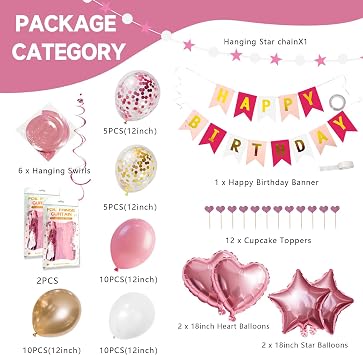 Pink Birthday Decorations for women with Happy Birthday Banner, Fringe Curtains, Foil Confetti Balloons, Pink & Gold Latex Balloons, Hanging Swirls, Cupcake Toppers, Birthday Party Decorations