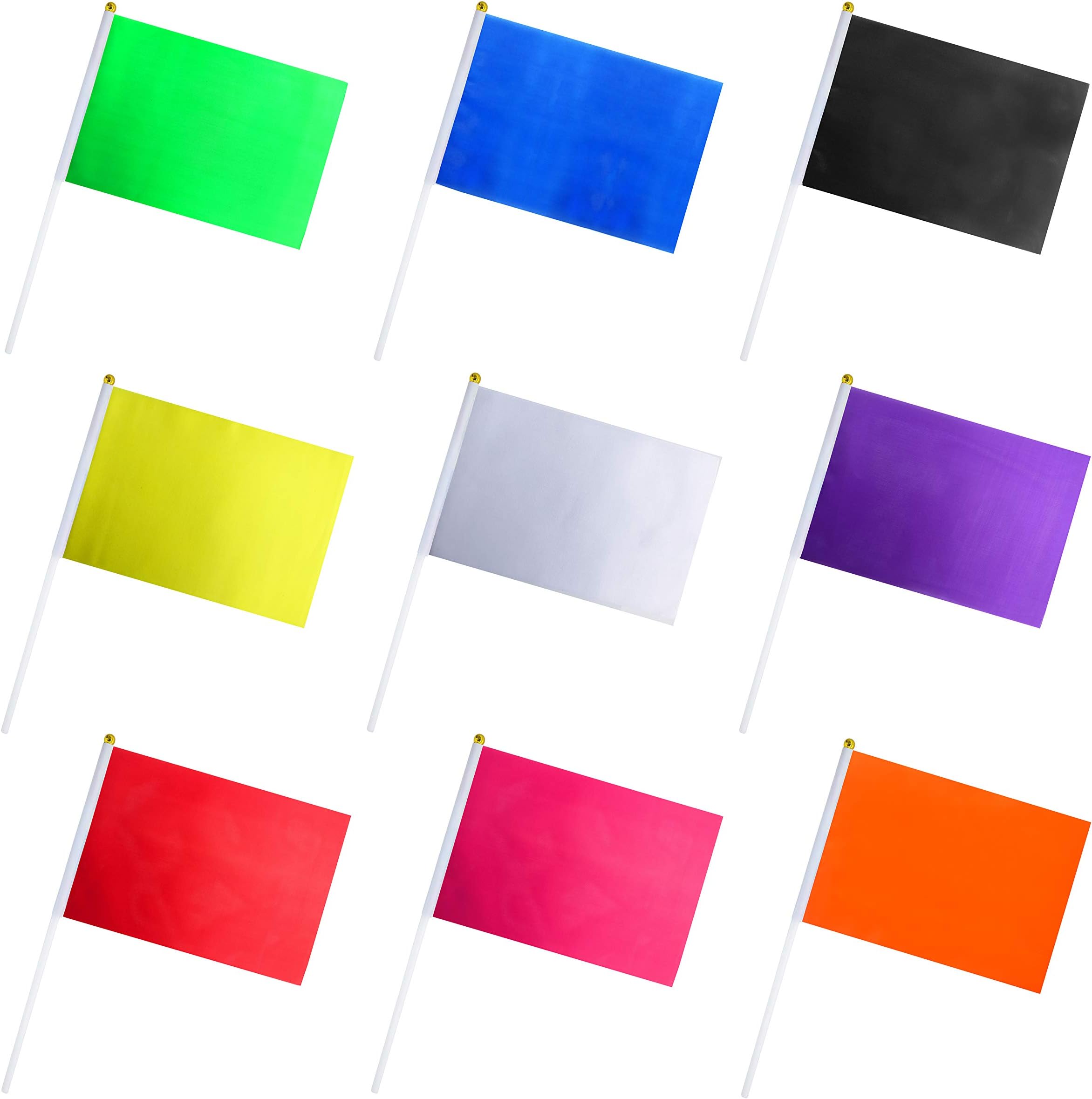 Consummate 45 Pack Solid Color Flag Small Mini Plain Black White Red Yellow Green Blue Purple Orange Rose Red Stick Flags Set