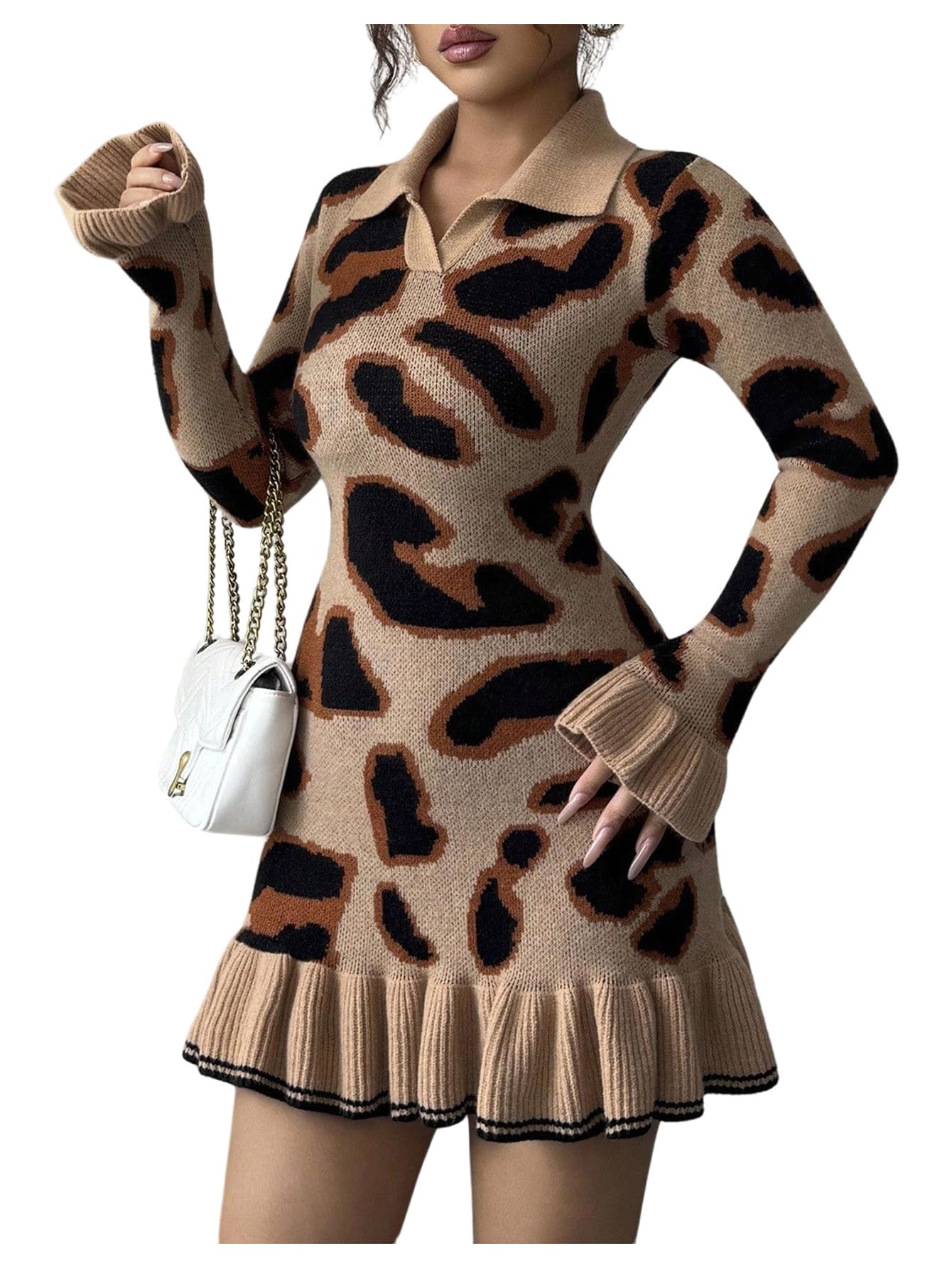 RoseSeek Women's Leopard Print Sweater Dress Cheetah Ruffle Hem Mini Dress