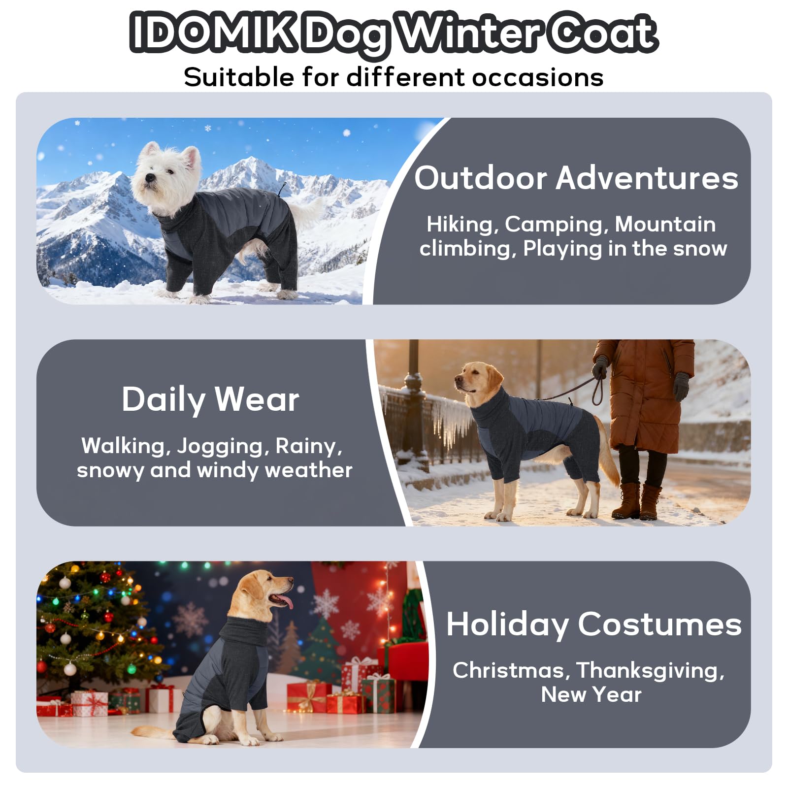 IDOMIK Abrigo para perro, abrigo de invierno impermeable para perro con agujero para arnés, chaquetas de cuello alto de cuatro patas para perros grandes, medianos y pequeños, pijama cálido para