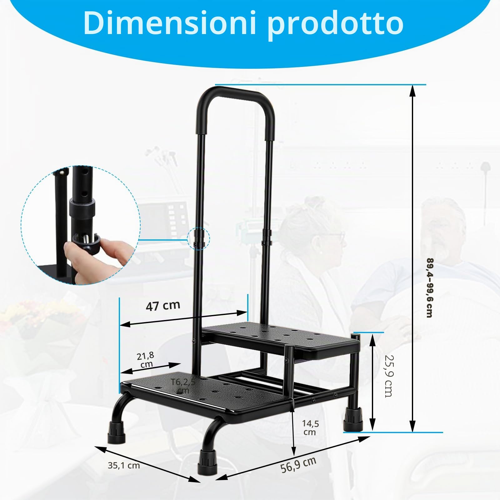 Sgabello con maniglia, doppio gradino fino a 160 kg, scala con pedana antiscivolo, per adulti, anziani e bambini in cucina, bagno e casa