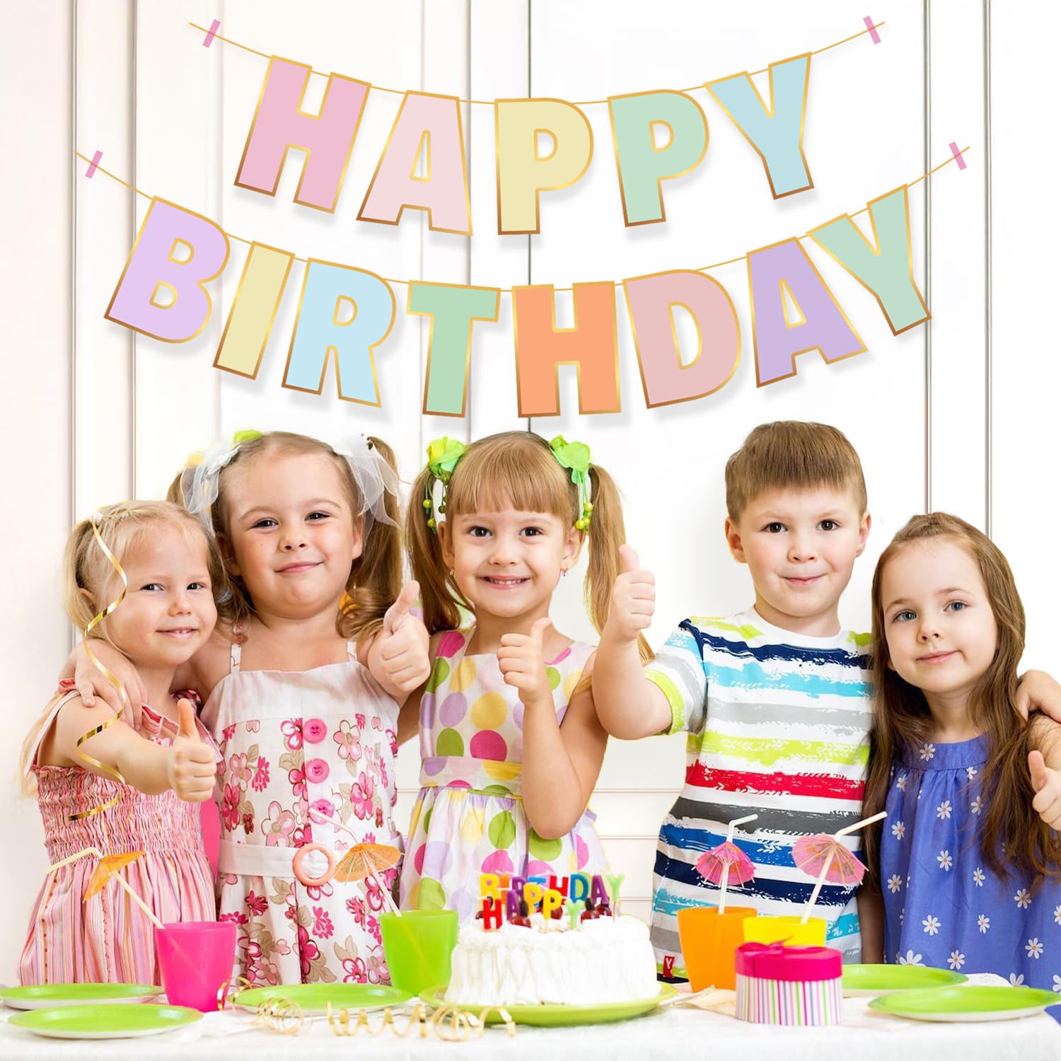Party Propz Pastel Happy Birthday Banner - 50 Inch x 50 Inch Rectangular Cardstock Standard Banner for Girls, Boys & Kids' Birthday Decoration 4