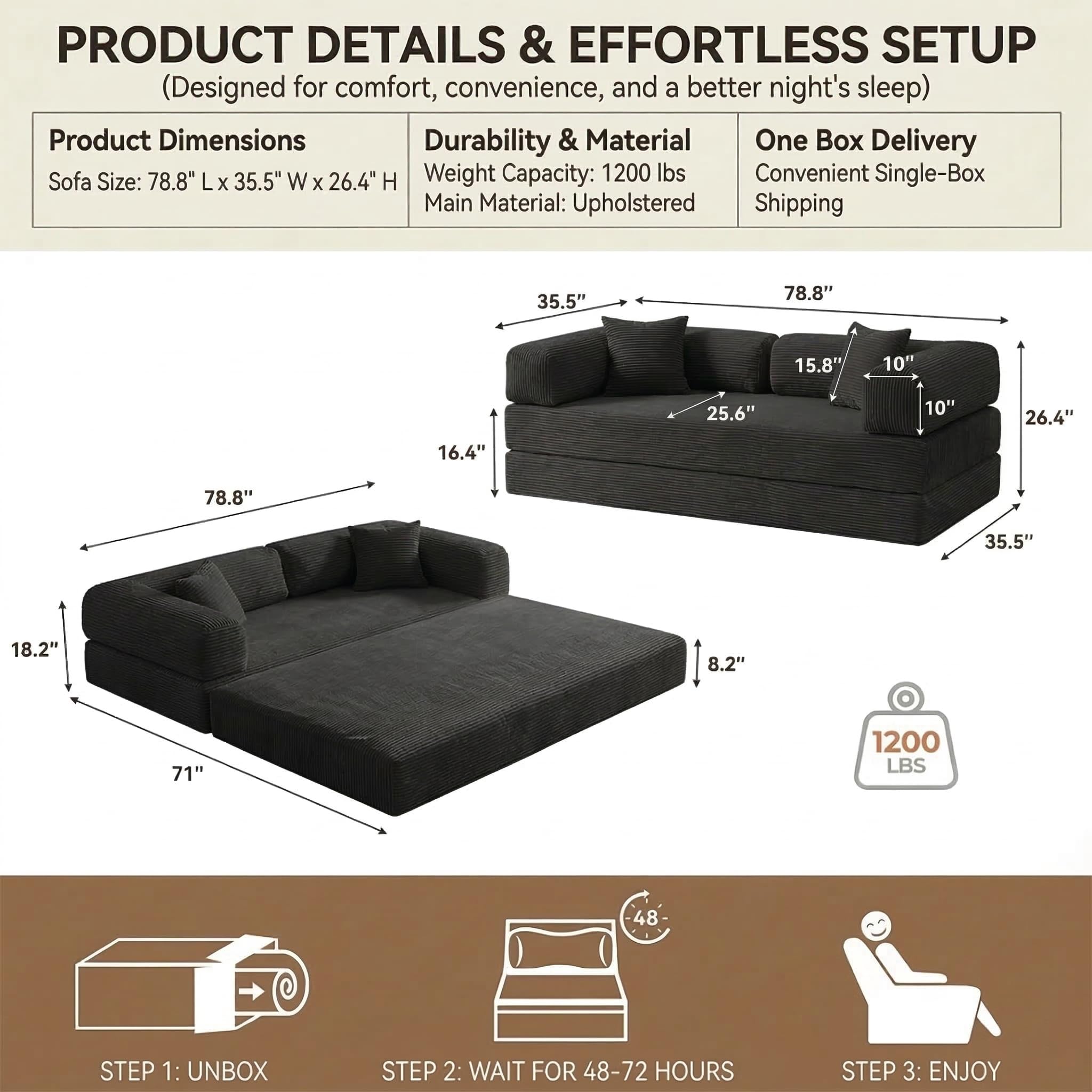 78" 4-in-1 Convertible Sofa Bed, Boneless Corduroy Sleeper Couch with Pull Out Bed, Fixed-Shape Frame, No Assembly Floor Futon Loveseat Sofa for Living Room, Bedroom, Apartment, Black | Space-Saving Design
