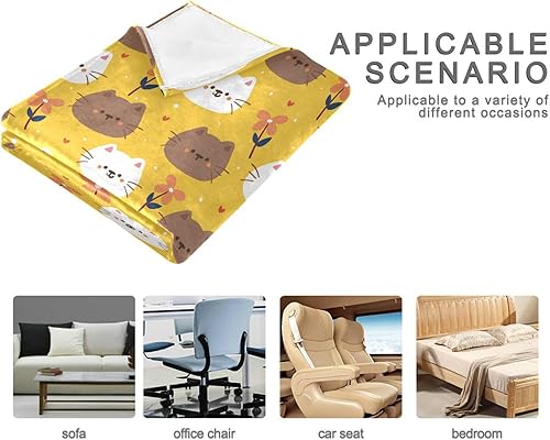 Miniatura 4 de KLL Cute Cartoon Cat and Plant Yellow Plush Travel Blankets 60x90 Inches Warm Spring Blanket for Home Decor, Bedroom, Bed, Holiday Microfiber