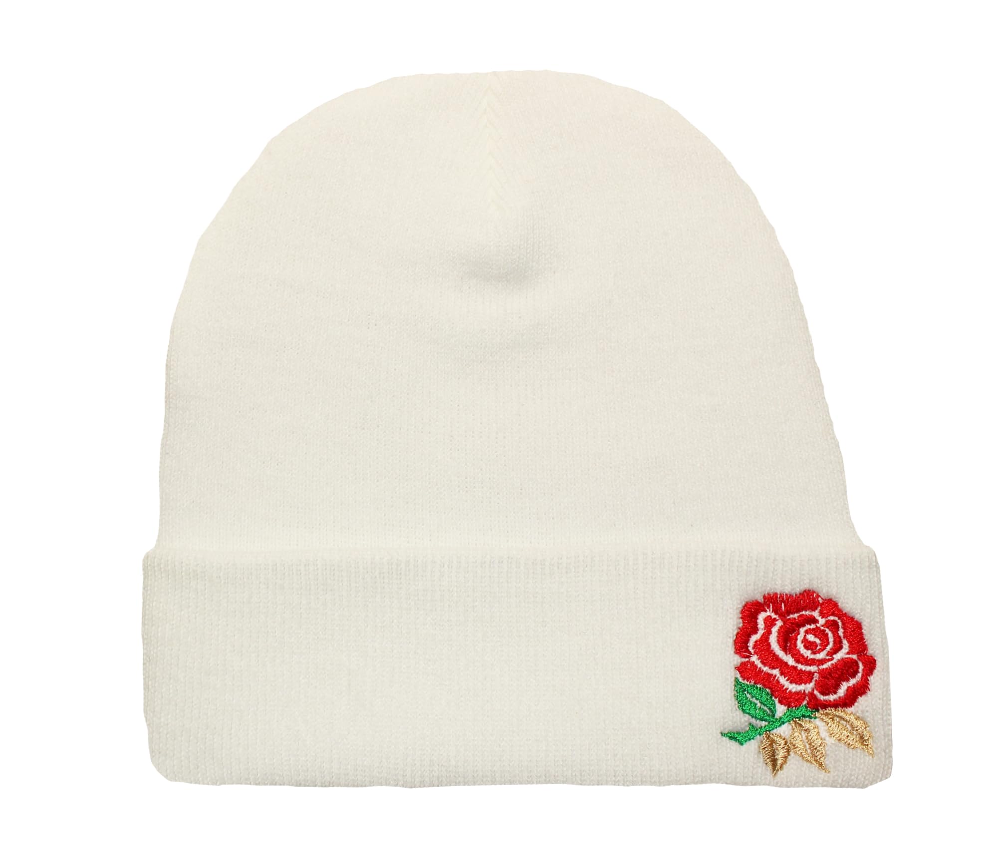 TeddyT's Ladies World Cup Rose Embroidered Fine Knit Soft White Beanie Hat