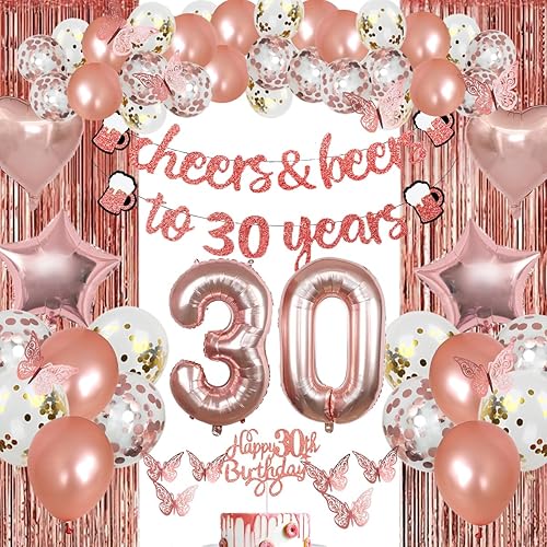Decoraciones de cumpleaños número 30 para mujer, decoración de fiesta de cumpleaños número 30 color oro rosa para ella, pancarta de "Cheers to 30