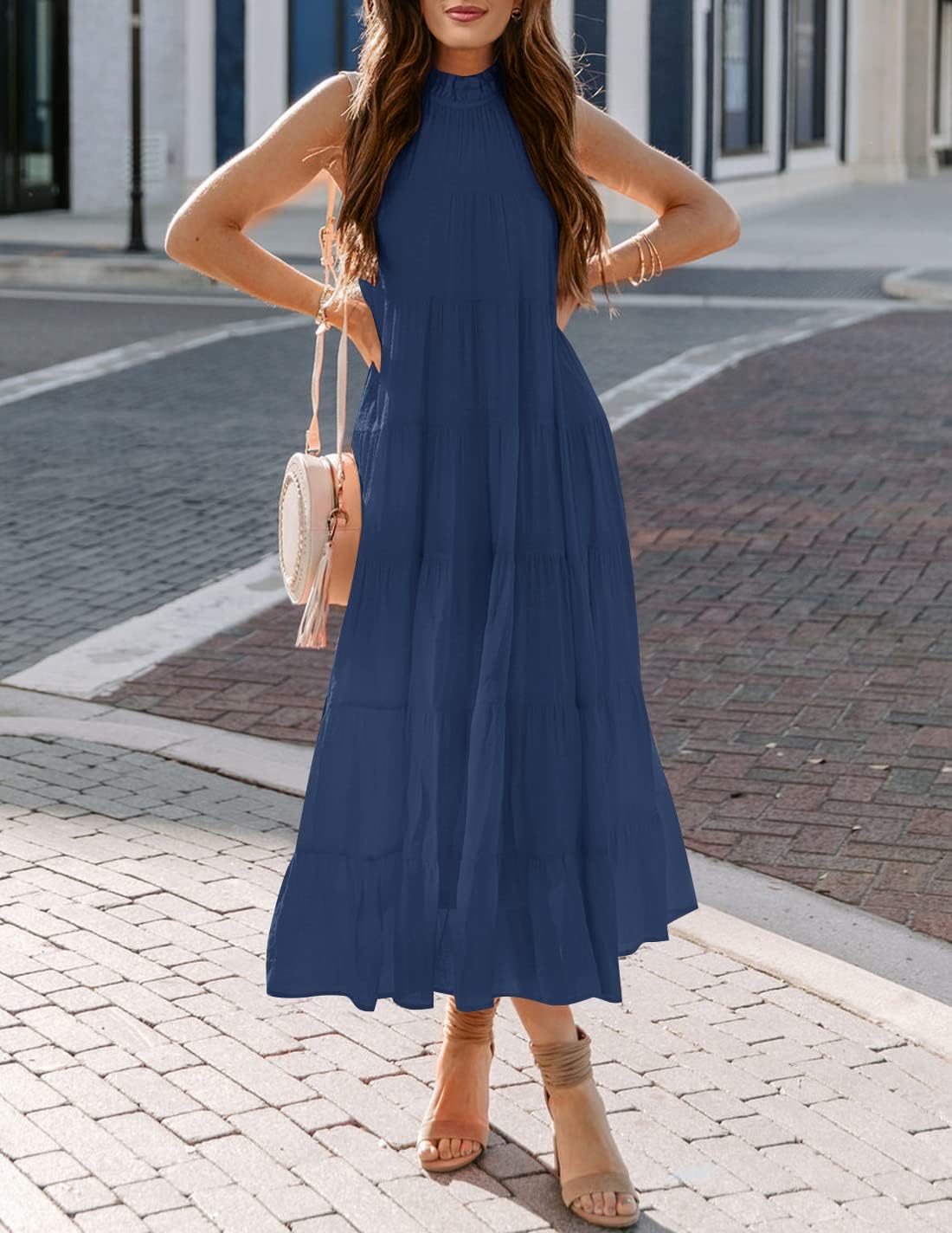 HAEOF Women's Summer Sleeveless Halter Midi Maxi Dress Casual Loose Fit Pleated Tiered Flowy Beach Vacation Long Sundress - Image 4