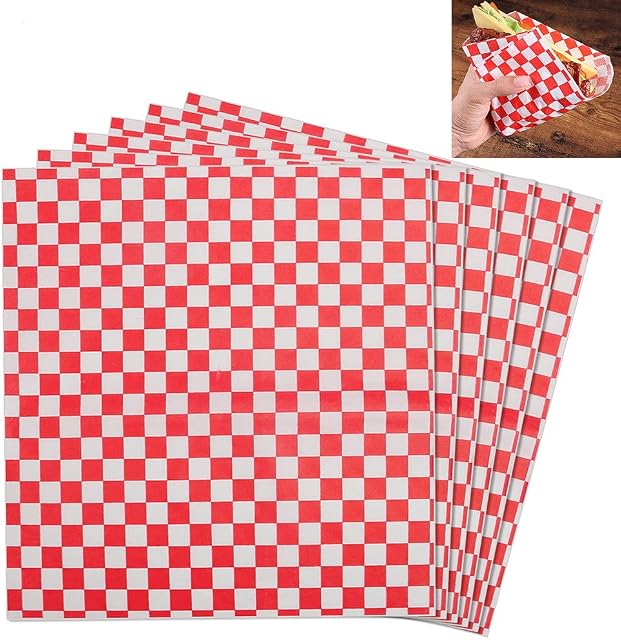 50 Sheets Food Grade Wrap Paper, 11x10" Checkered Food Basket Liners Sandwich Paper Greaseproof Papers Oil-Proof Wrapping Wax Tissue for Deli Hamburgers Cake Fries Gift