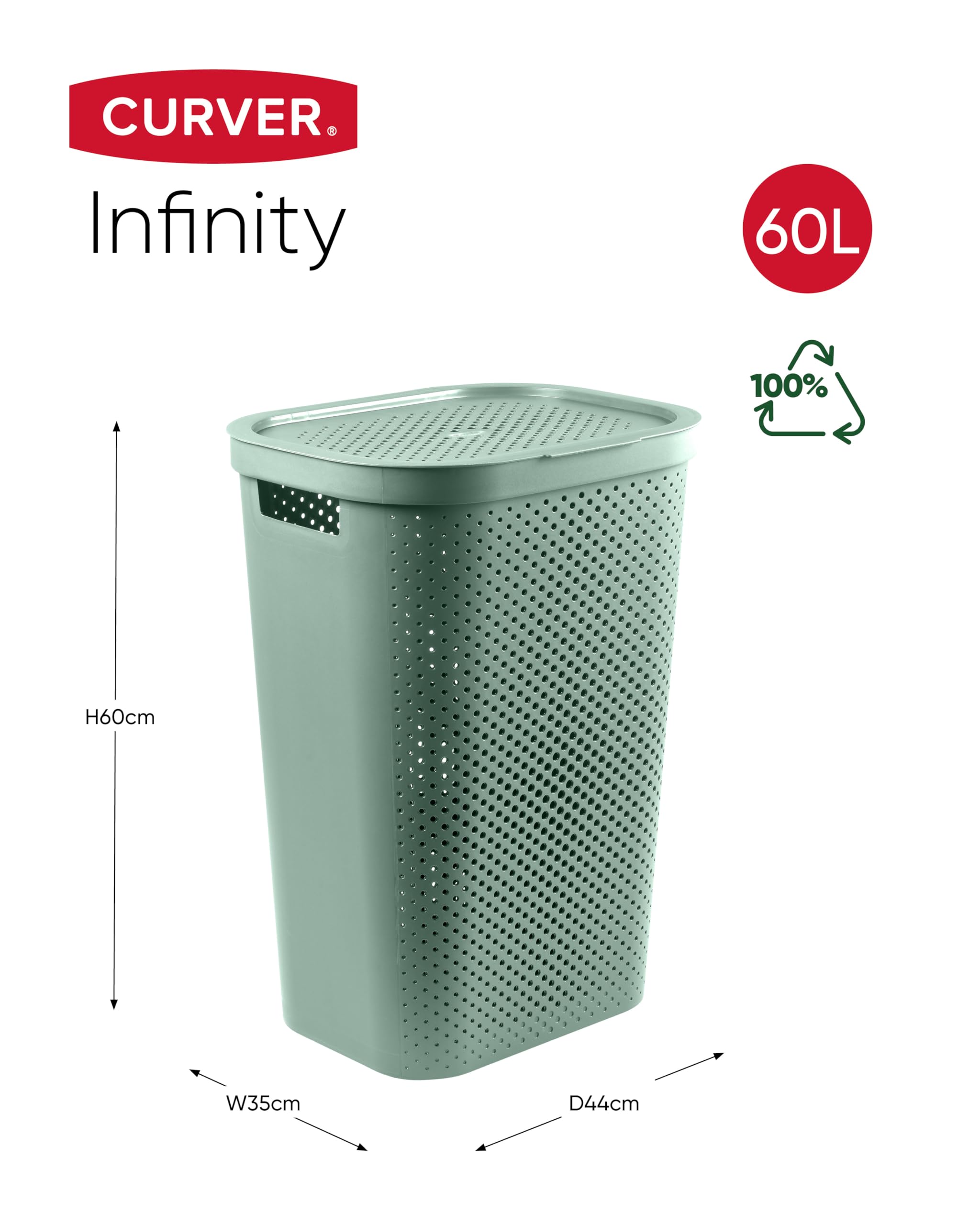 CURVER Infinity 60L skrzynia na bieliznę - brudna pościel z pokrywką - dobra wentylacja - ergonomiczne uchwyty - do łazienki lub pralni - w 100% z recyklingu - 43,7 x 35,1 x 60,2 cm - Nowa zieleń