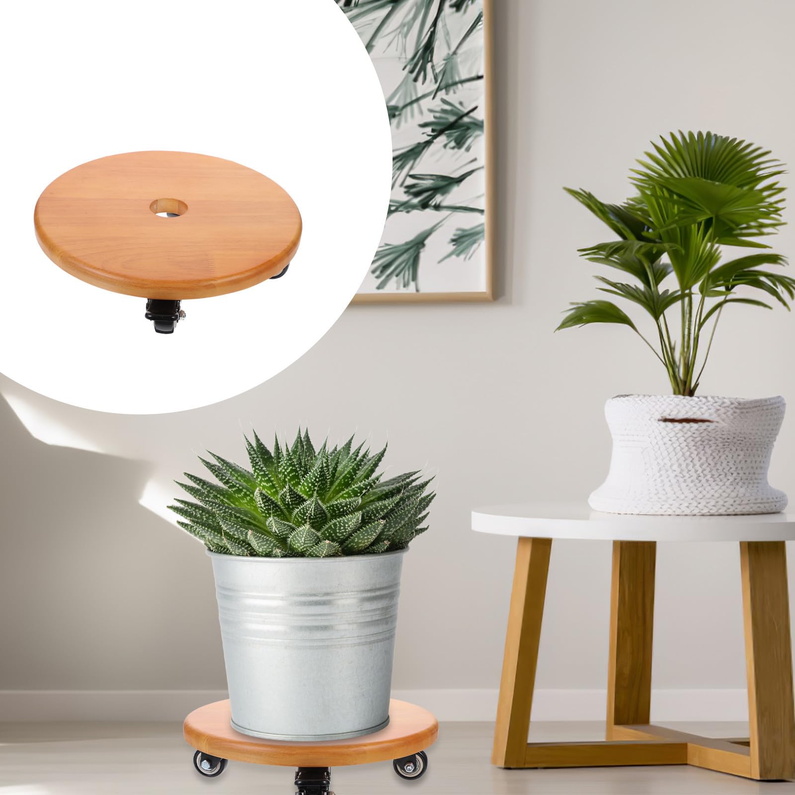 Carrello per Piante con Ruote, Sottovaso Rotondo 28cm in Legno