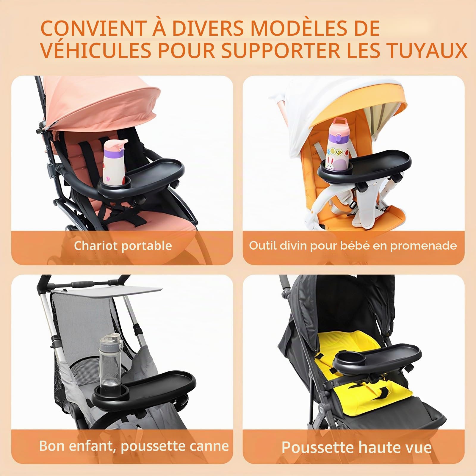 Plateau à goûter pour poussette avec porte-gobelet - Plateau de nourriture universel amovible pour poussette - Plateau à goûter avec boucle réglable et 2 crochets - Porte-collations réutilisable pour