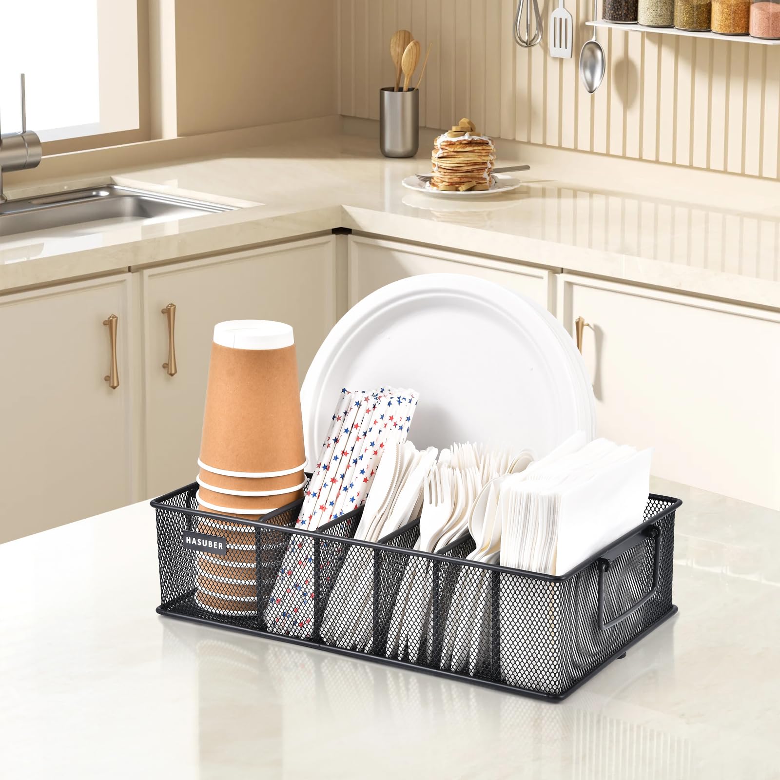 Organizador de cubiertos con asa, organizador de utensilios de metal para encimera de cocina, 7 compartimentos para plato, taza, servilleta, dispensador de platos de papel para fiesta, picnic 6