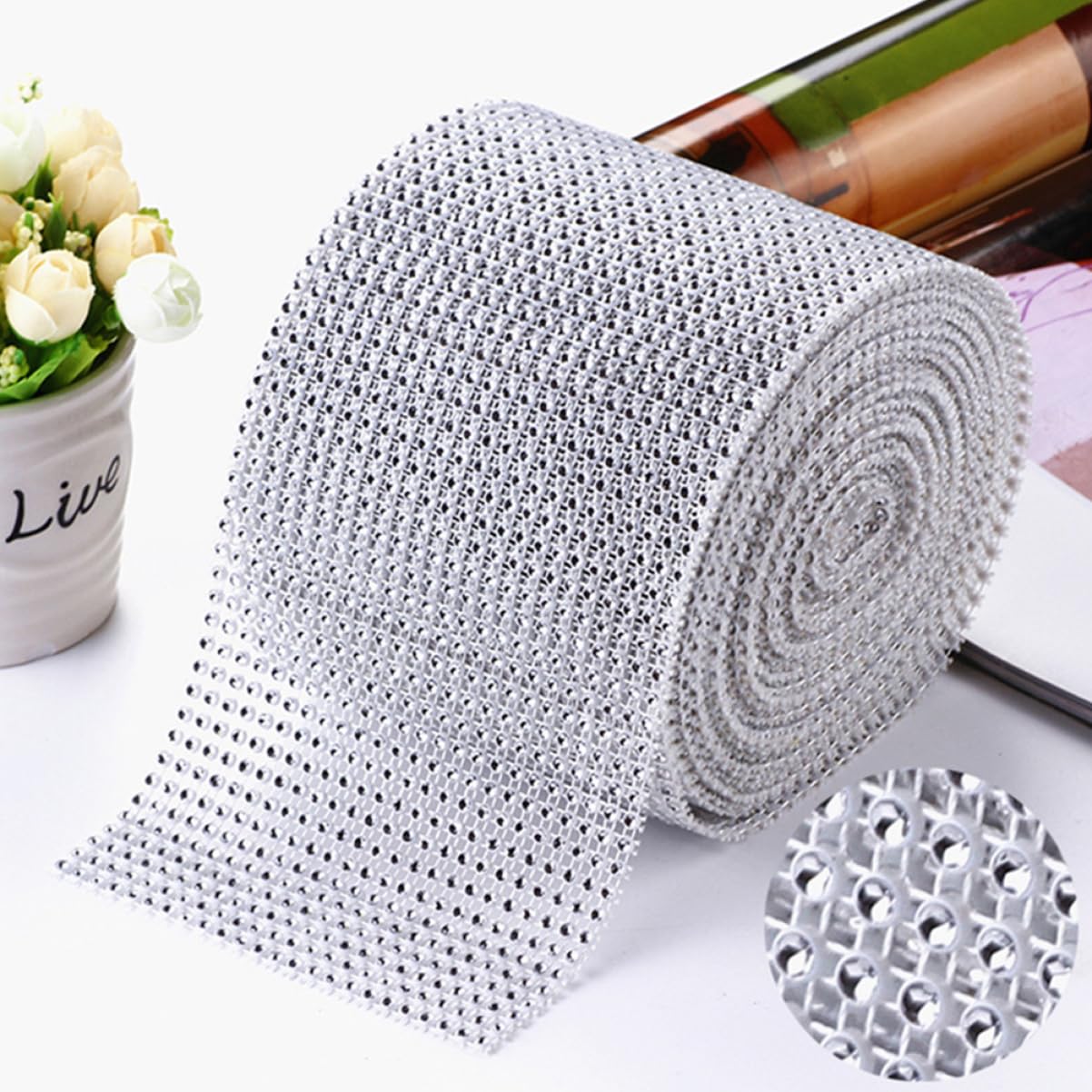 Amosfun 3 Rouleaux ruban strass décoratif accessoire bricolage decoration noel Ceinture ruban pour voiture de mariage etiquette autocollante Accessoires de costumes bordure en strass