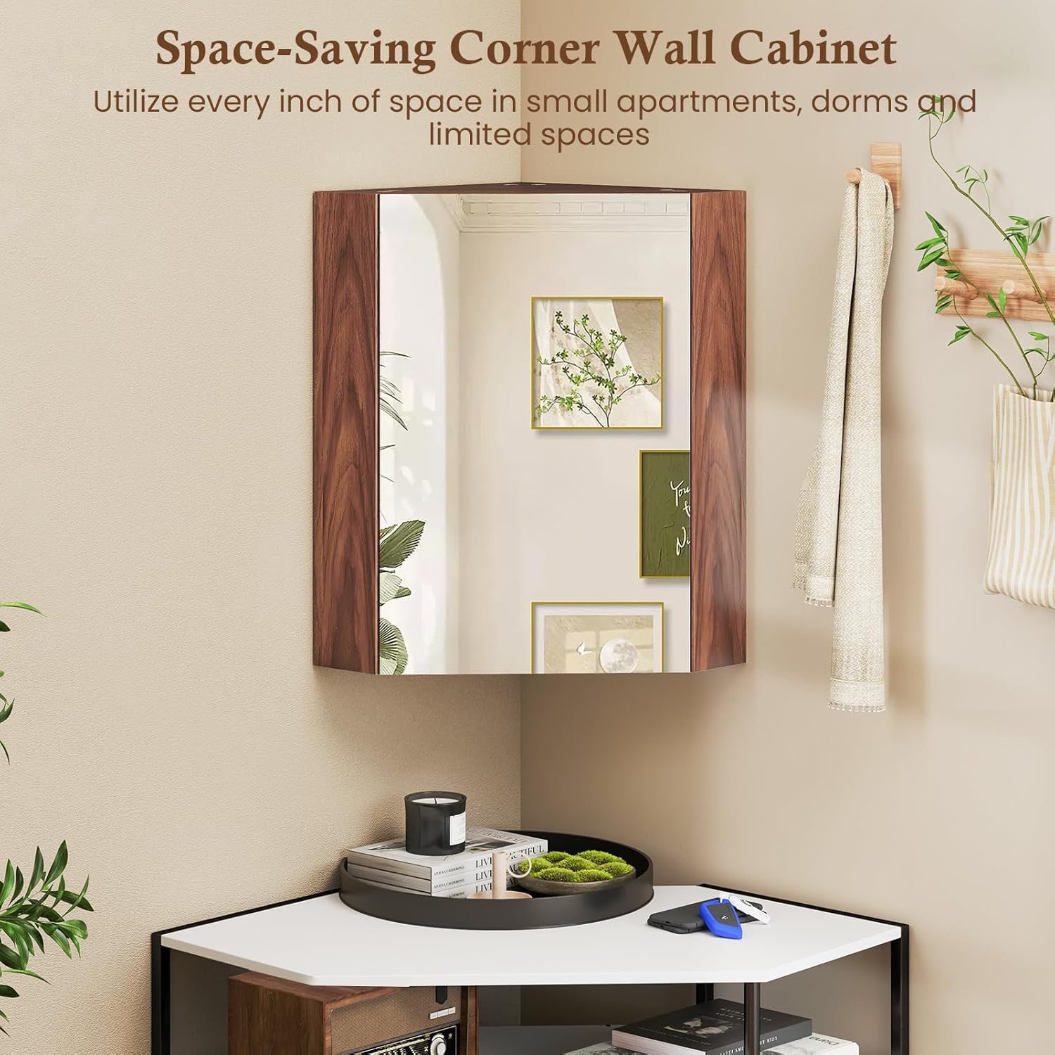 Tangkula Corner Medicine Cabinet with Mirror, 23.5" Wall Mounted Storage Cabinet Organizer with Left/Right Open Mirror Door & Adjustable Shelf, Small Bathroom Corner Cabinet for Small Spaces (Brown)