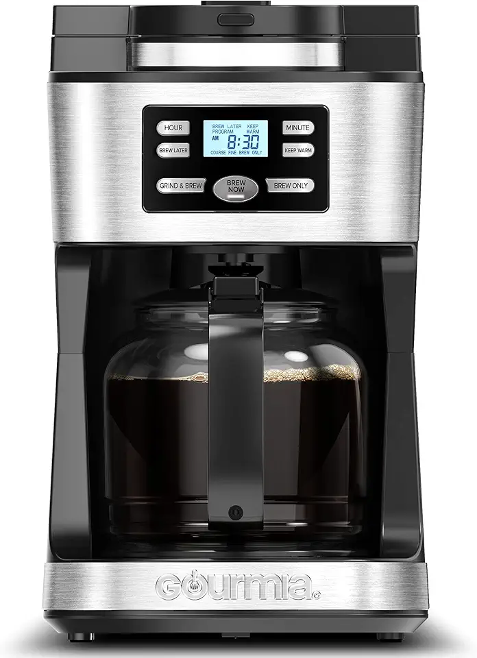 Gourmia Máquina de café programável GCM3180 para moer e preparar 12 xícaras com indicador ajustável de 4 horas para manter quente e frescor
