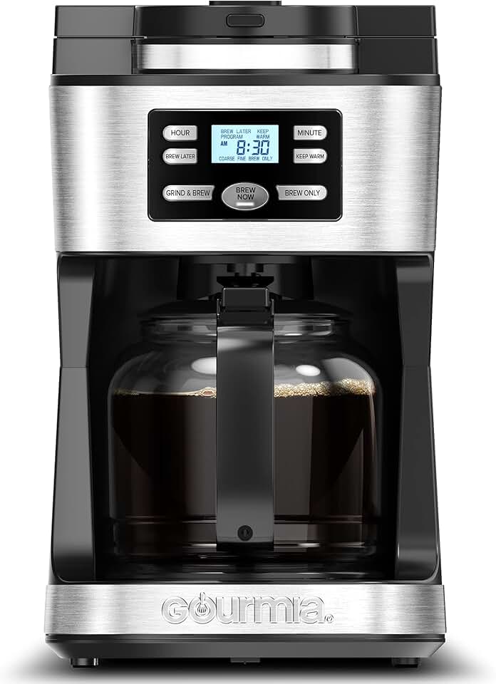 Gourmia Máquina de café programável GCM3180 para moer e preparar 12 xícaras com indicador ajustável de 4 horas para manter quente e frescor