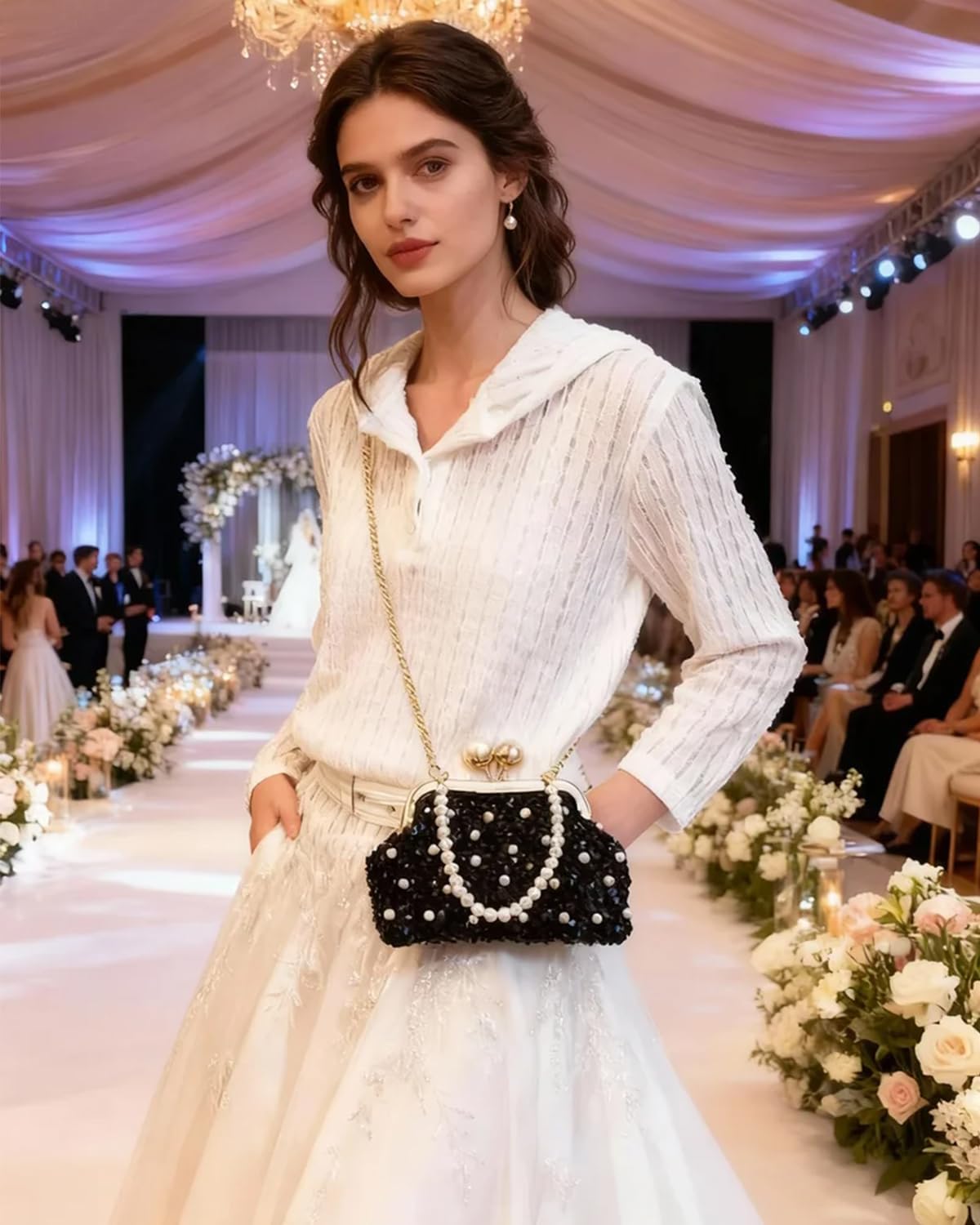 Women Glitter Sequins Evening Clutch with Pearl Handle Shiny Evening Handbag for Women Prom Wedding Party Clutch - Image 2