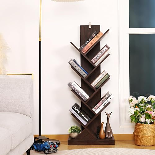 Miniatura 3 de Estantería para árbol de 9 estantes estantería estrecha para sala de estar dormitorio oficina en casa estante organizador de libros de pie con