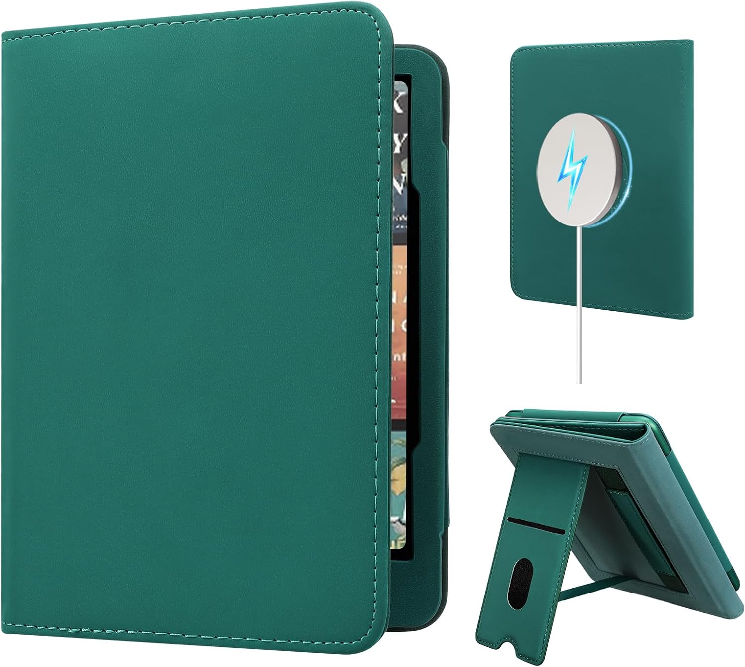 Stand Case for 7" Kindle Paperwhite 12th Gen 2024 with Hand Strap - Compatible with iPhone MagSafe, for Samsung/Belkin/Anker Wireless Charging Pads, Auto Sleep Wake, Jade