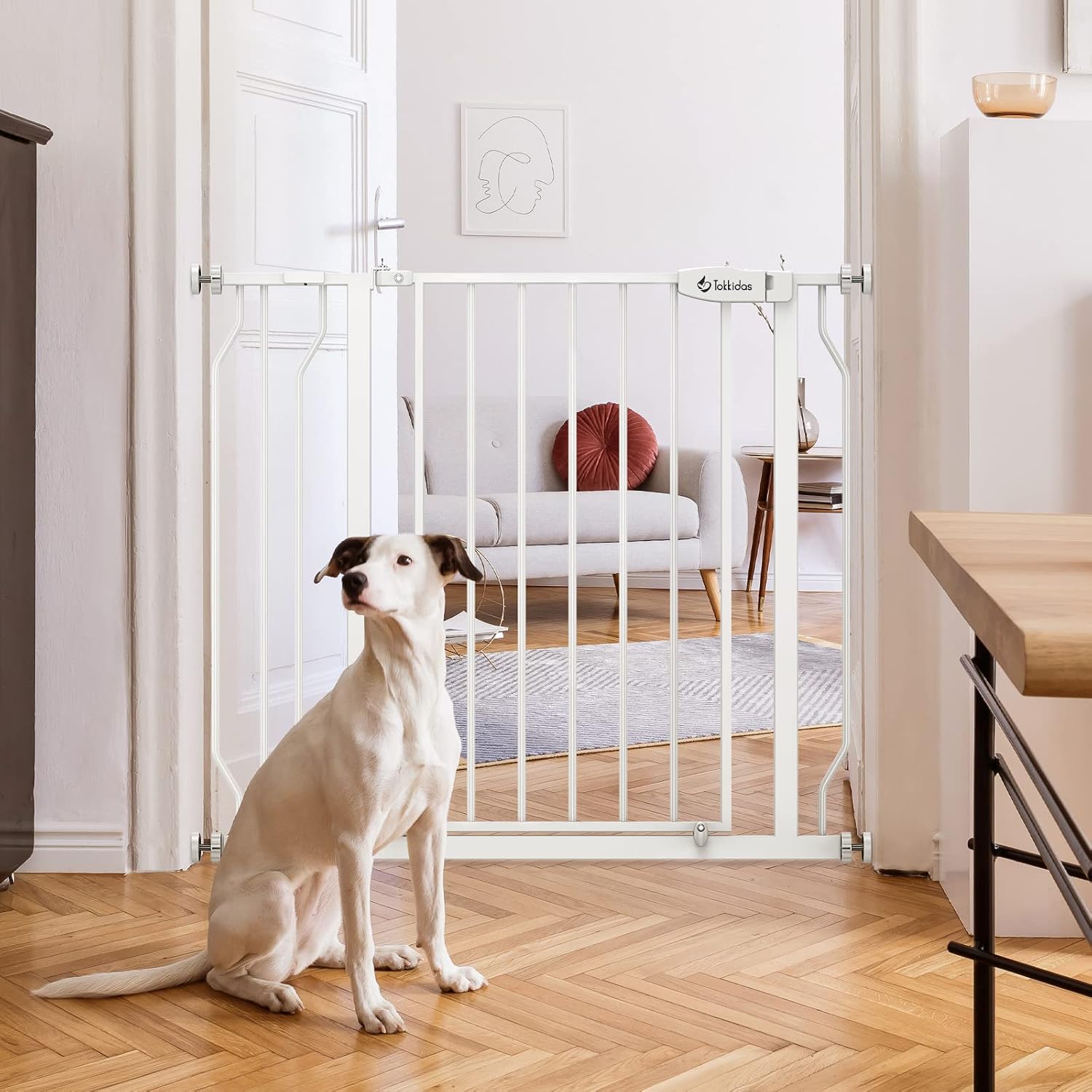 Baby Gate for Stairs 29.5"-45.3", Extra Wide Dog Gate, Pressure Mounted Safety Baby gate, Easy Walk Thru Pet Gate, Durable Tall Child Gate for House, Stairs, Doorways