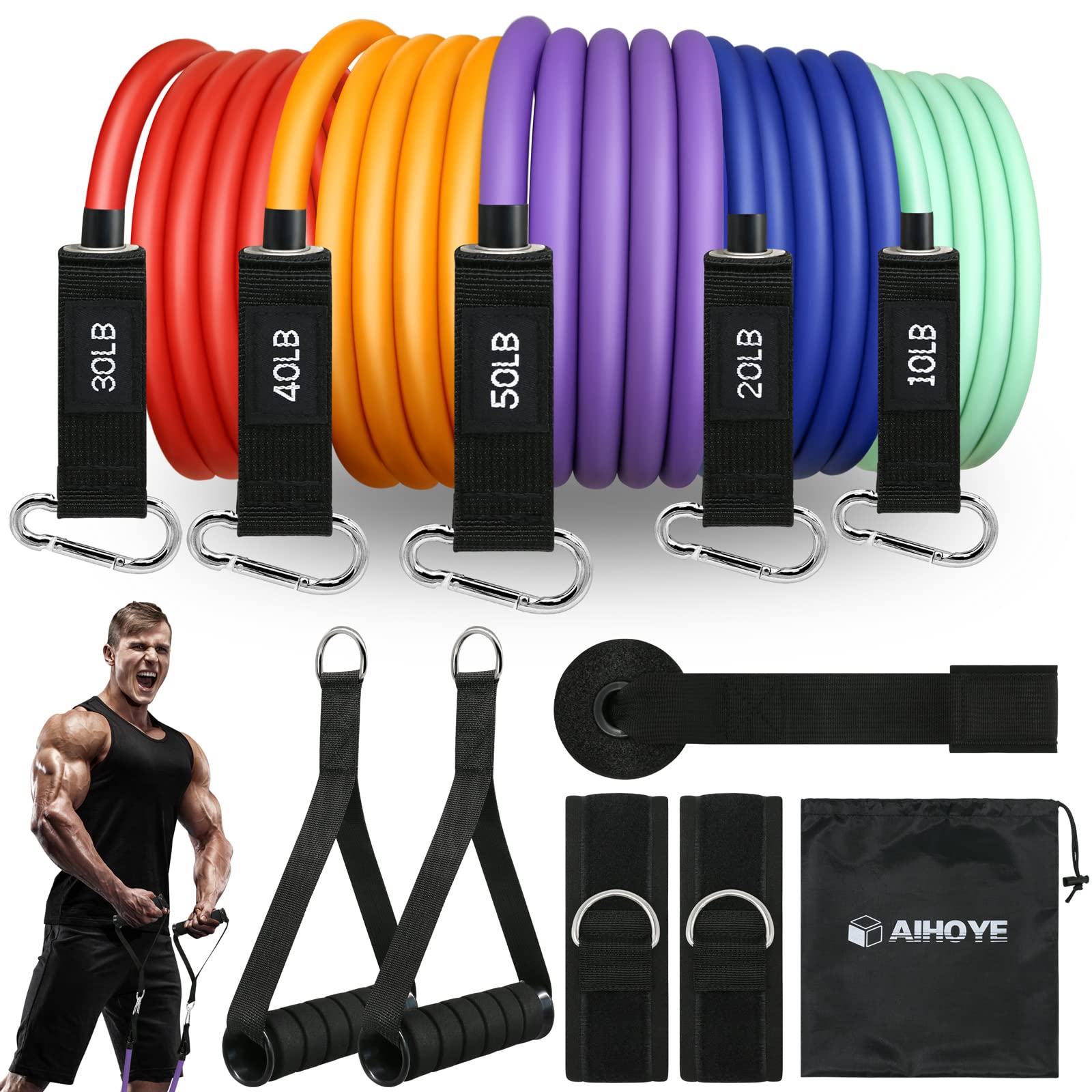 Aihoye Taśmy oporowe do ćwiczeń, zestaw taśm oporowych, opaski fitness, taśmy stretchowe do ćwiczeń, taśmy oporowe, do drzwi, do ćwiczeń