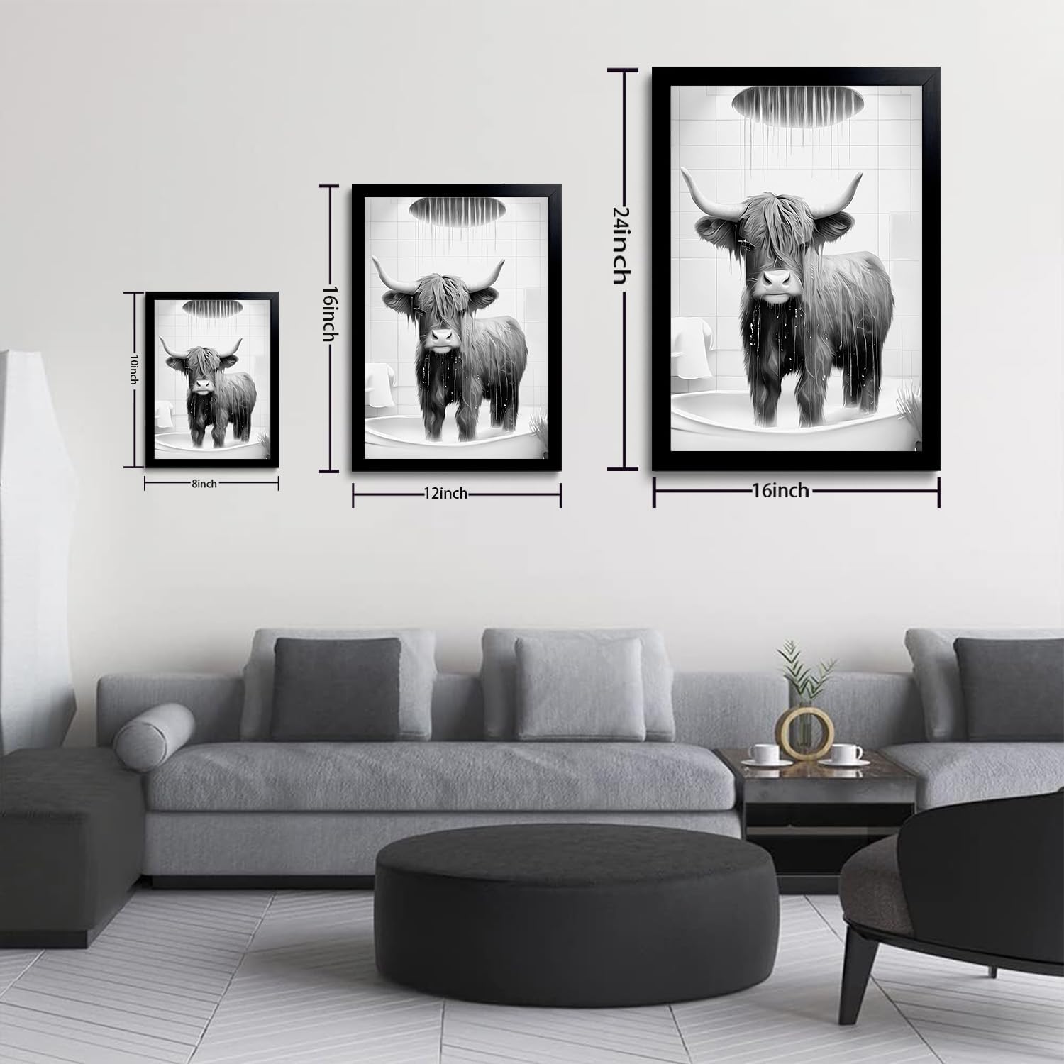 OIQArtOIQ Funny Bathroom Framed Wall Art Black and White Animal Canvas Wall Art Prints Highland Cow Shower Pictures Wall Decor Modern Minimalist Humorous Artwork For Restroom