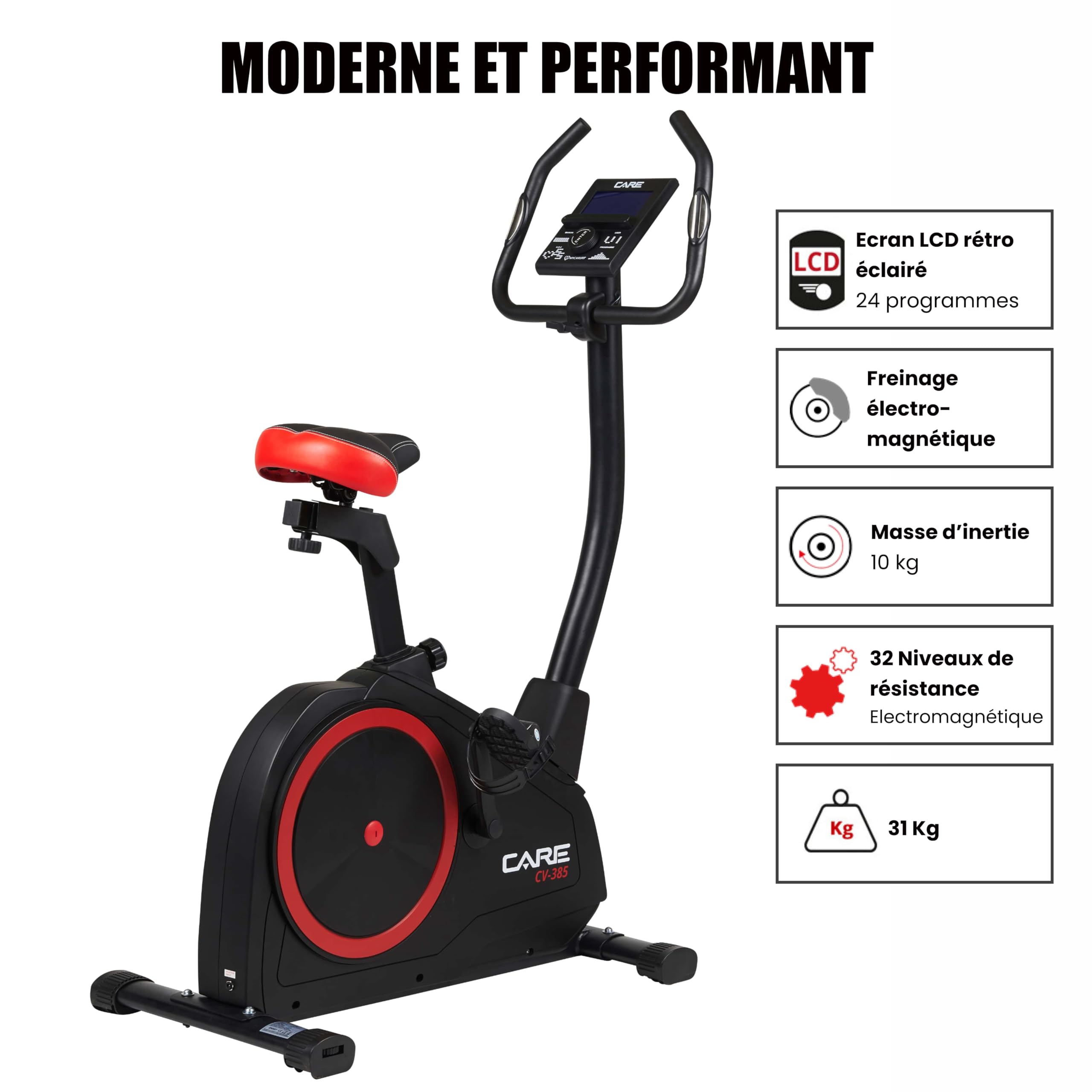 CARE FITNESS - Vélo d’Appartement CV-385-24 Niveaux de Difficulté - 24 Programmes - Compteur LCD Rétro-éclairé - Cardiofréquencemètres - Compatible avec l'application Kinomap - Port USB Noir