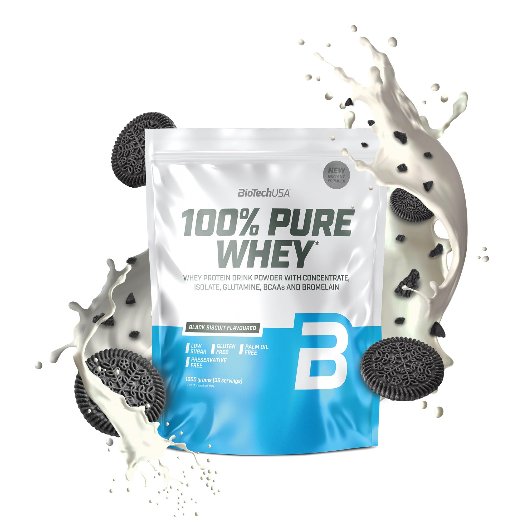 BioTechUSA 100% Pure Whey | Protein Powder with BCAA and Glutamine | Gluten-Free, Palm Oil Free | 21g Protein per Serving, 1 kg, Black Biscuit
