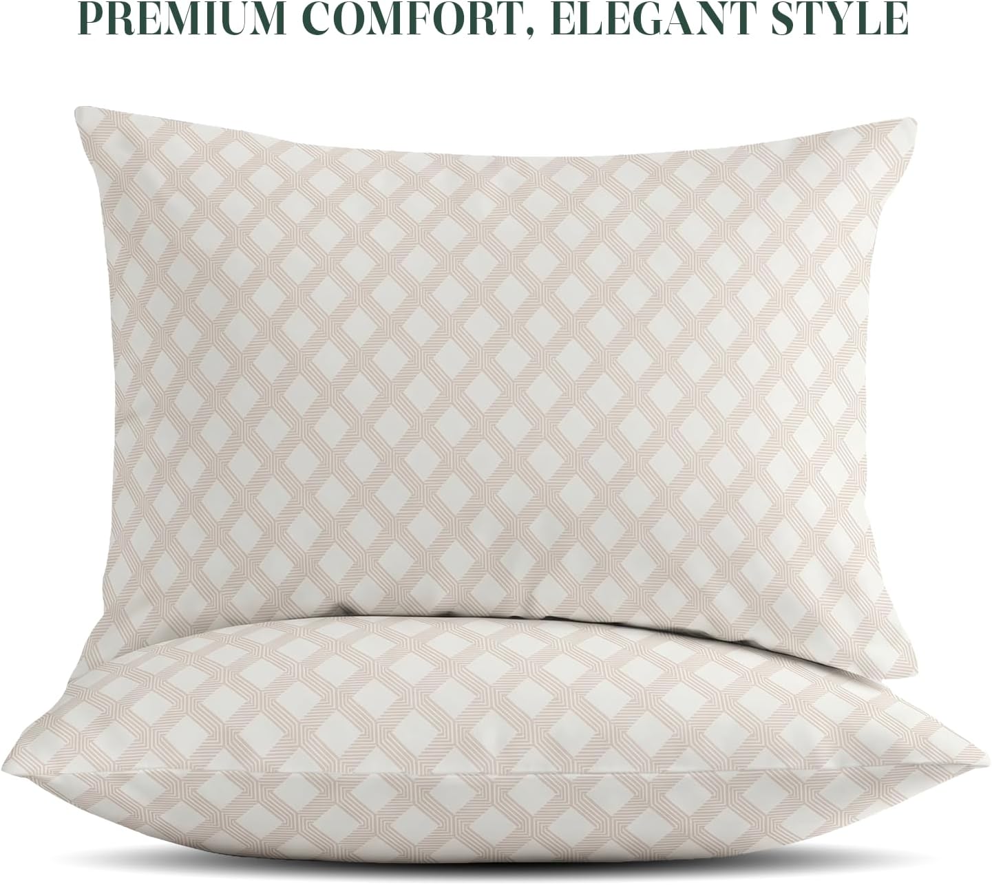 Feather & Stitch 300 TC 100% Cotton King Size Pillowcases 2 piece, Ultra Soft Set of 2 Sateen Weave Pillow Covers with Envelope Closure, Wrinkle & Fade Resistant- 20X40 Inch - Geometric Beige