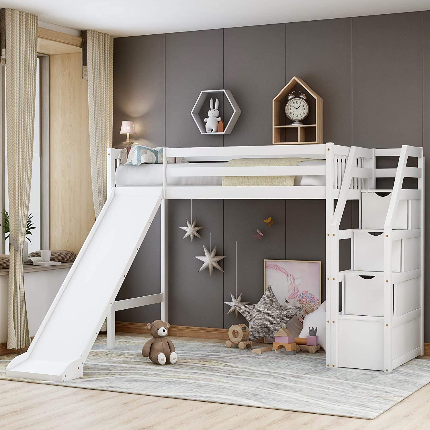 Buy Twin loft Bed with Slide,Loft Bed Twin with Storage,Wood Kids loft