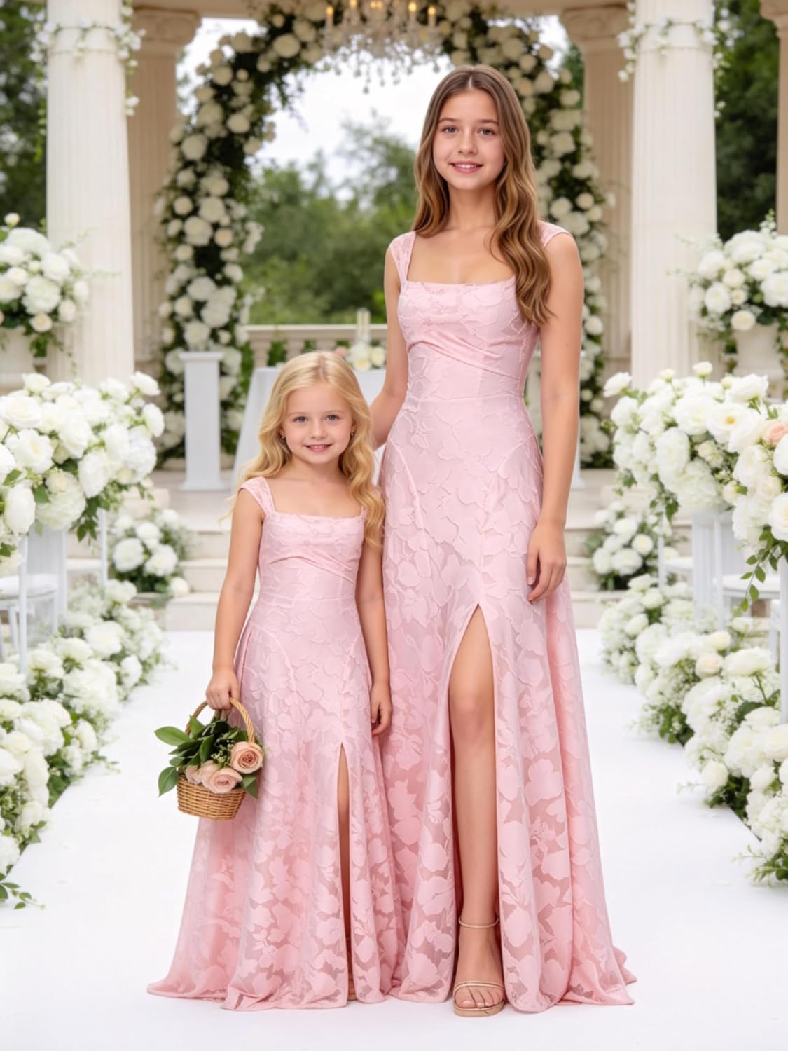 Square Neck Junior Bridesmaid Dresses Floral Lace Flower Girl Dress for Wedding Ruched Slit Girls Formal Dress 2-16Y