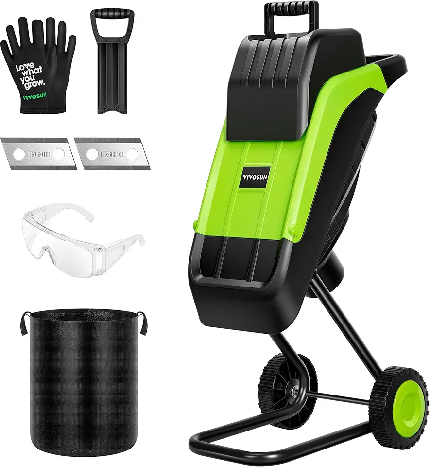 VIVOSUN Triturador elétrico de madeira de 15 Amp com tremonha de 4 cm e bolsa de coleta de 50 L, inclui êmbolo, lâminas de carbono extra, óculos de segurança e luvas para resíduos de quintal, galhos e