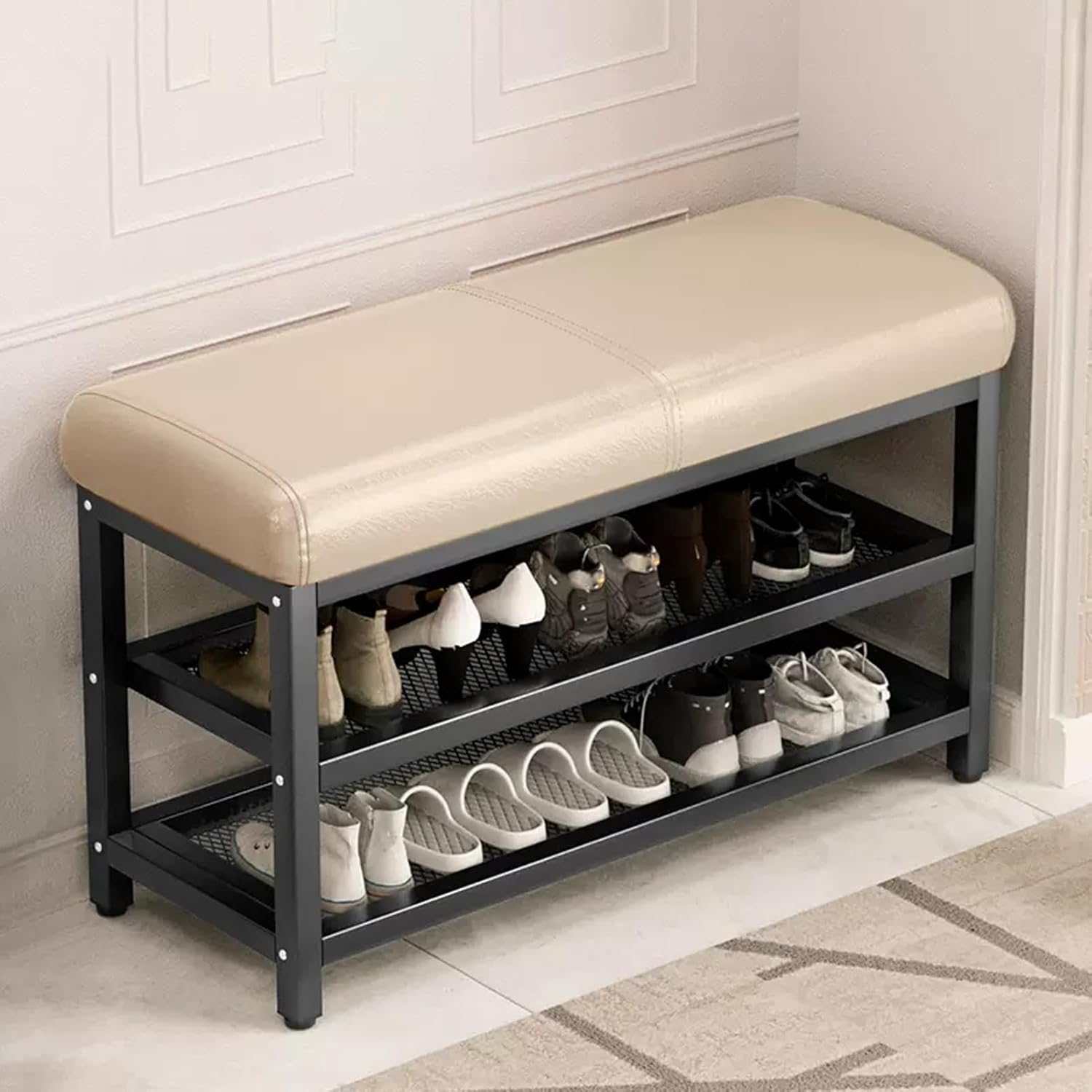Entryway Shoe Bench with Storage, 3-Tier Shoes Rack Stool with Leather Seat Cushion, End of Bed Bench, Open Shelves, Steel Frame, Storage Shelf for Entryway, Hallway, Bedroom(Gray,23.6in/60cm)